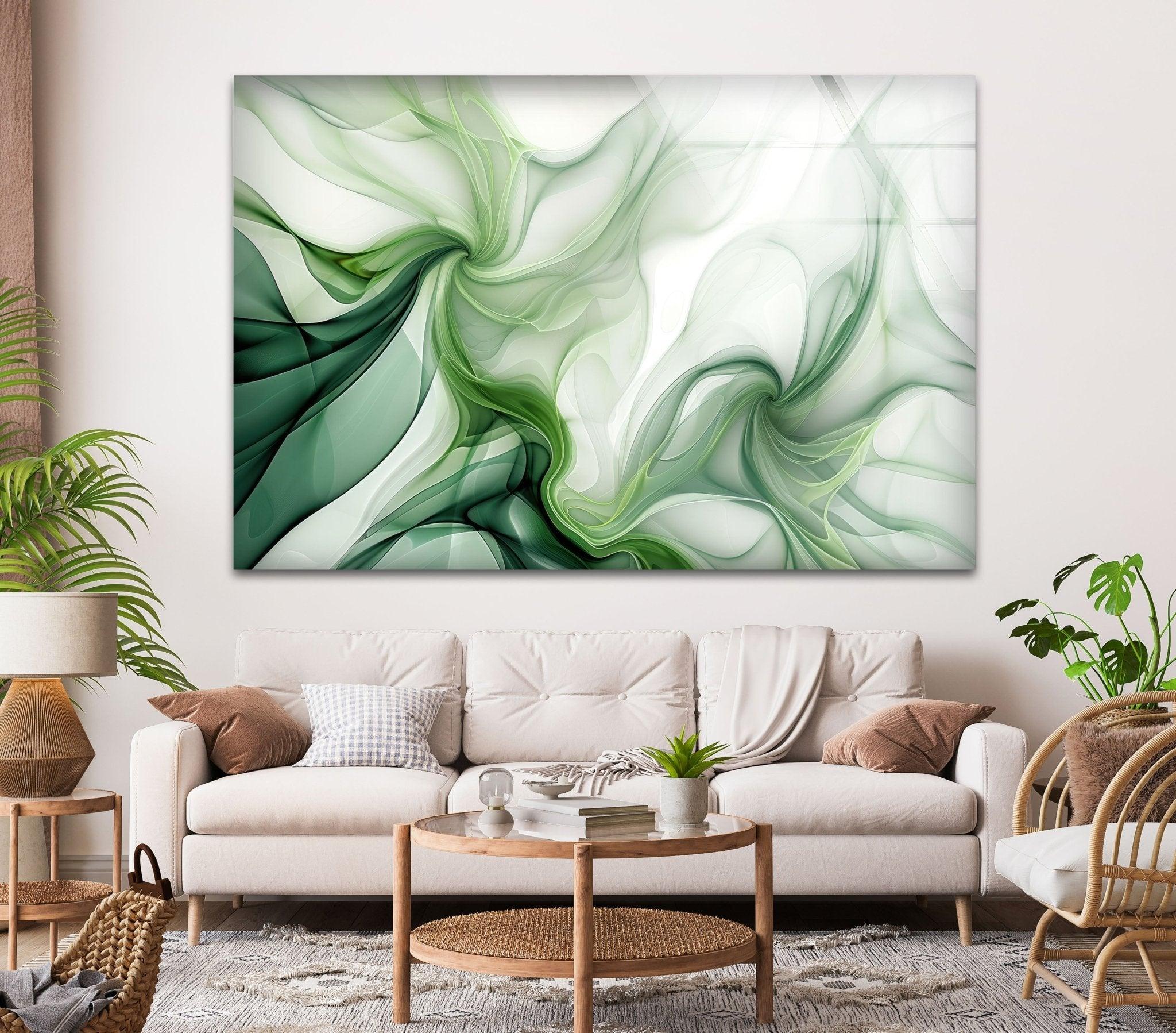 Abstract Green Ink Splash Glass Wall Art - Modern Home Decor for Living Room, Bedroom & Office - Unique Handmade Glass Painting for Contemporary Interior Design