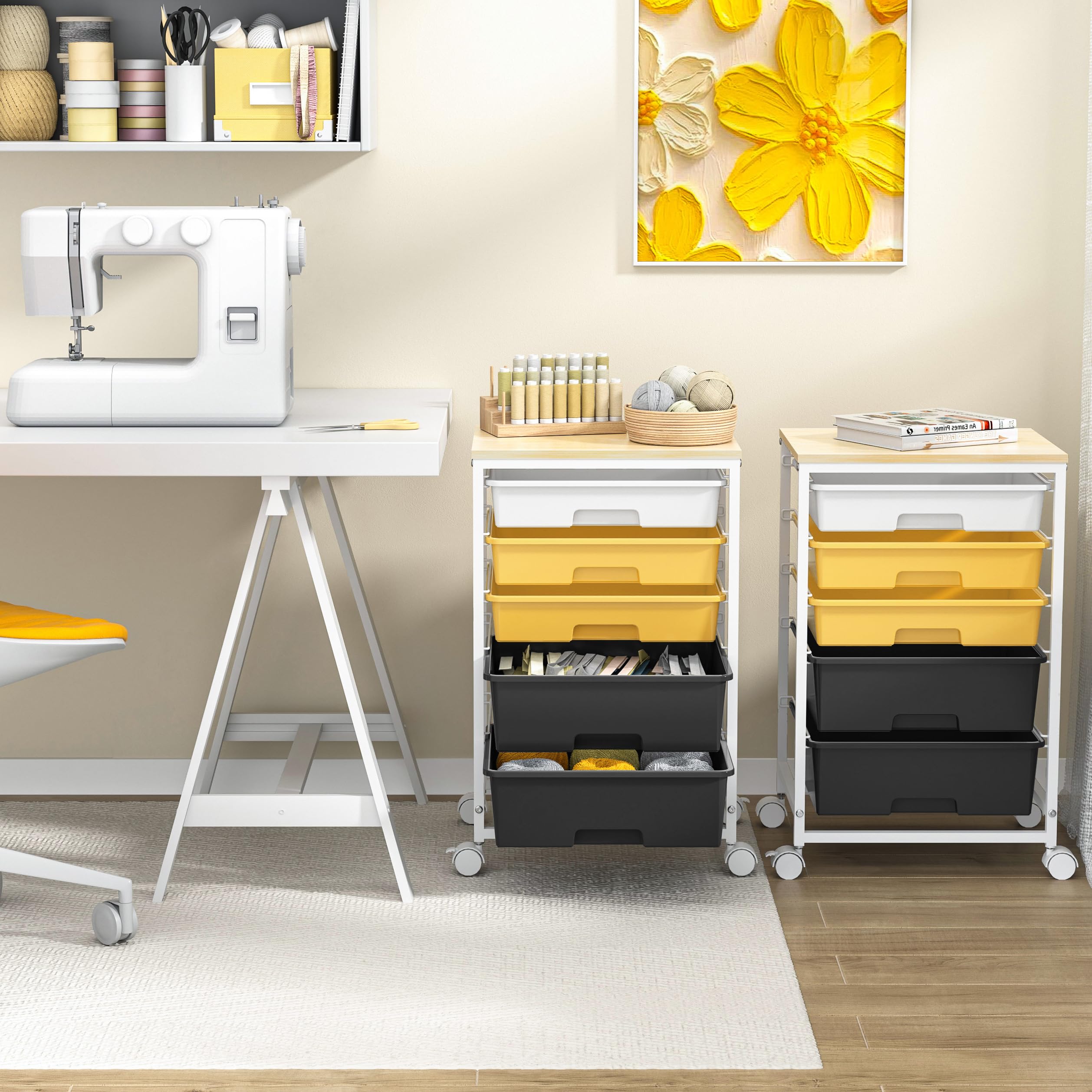 5-Drawer Utility Cart with Wooden Tabletop & Lockable Wheels - Large Capacity Rolling Storage Cart for Home, Office, or Workshop (Yellow) - Perfect for Organizing Tools, Crafts, or Office Supplies