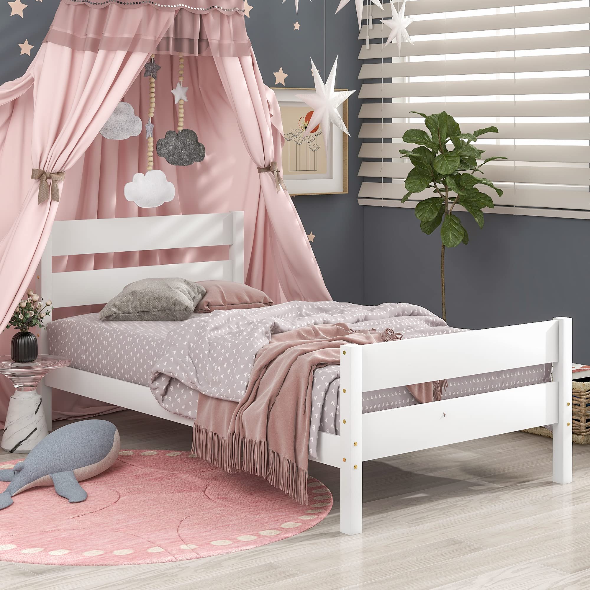 Olela Twin Bed Frame - Wooden Twin Size Platform Bed with Headboard for Kids & Teens, No Box Spring Needed - Perfect for Bedrooms, Dorms & Guest Rooms (White)