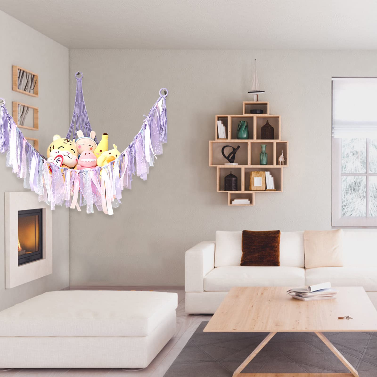 Qivine Hanging Stuffed Animal Storage Net with LED Lights - Large Macrame Plush Toy Hammock for Kids Room & Bedroom Organization - Perfect for Storing Teddy Bears, Dolls & Soft Toys in Nursery or Playroom