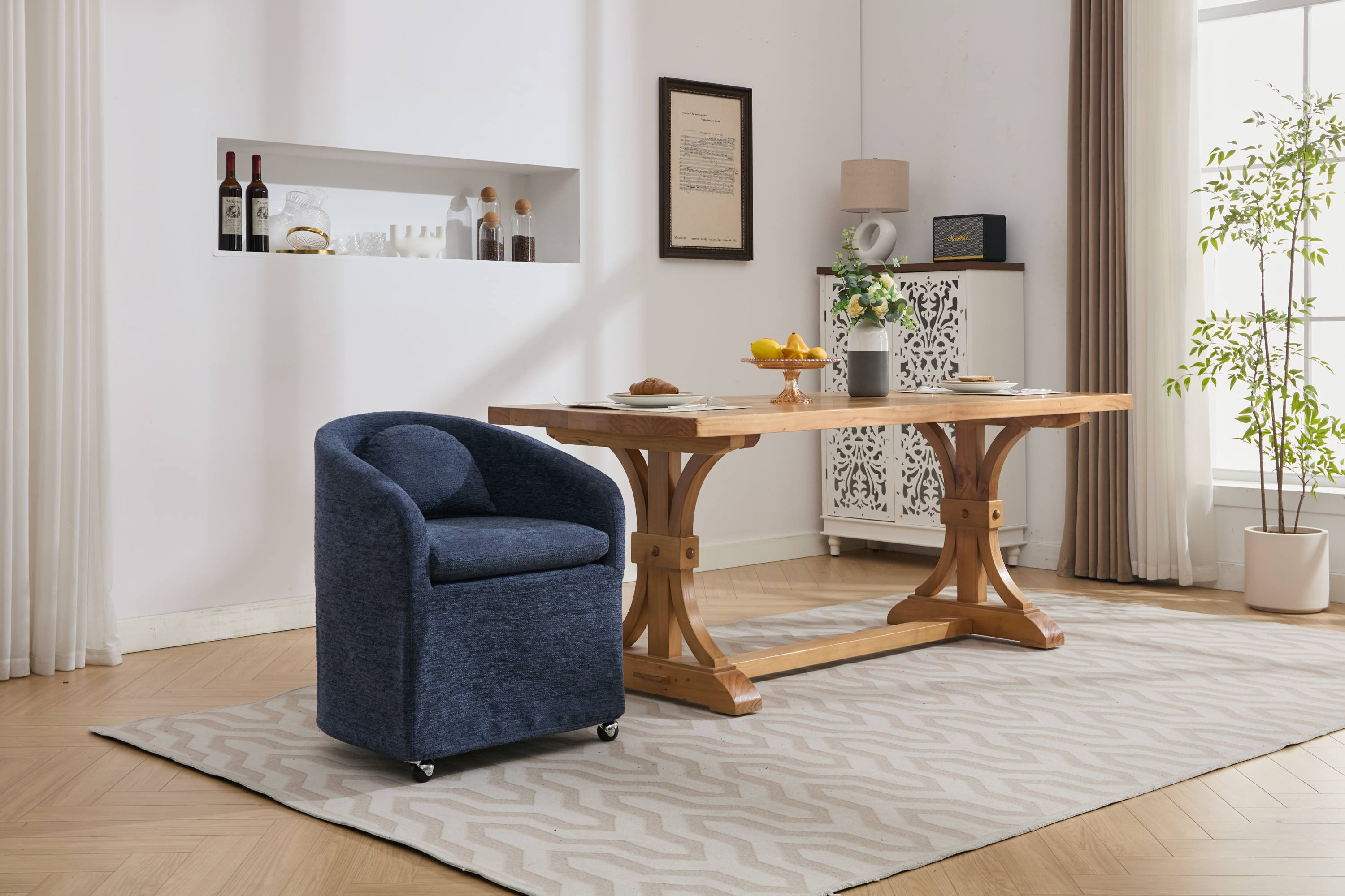 Blue Chenille Fabric Dining Armchair with Back Cushion & Universal Wheels - 1-Piece Set for Home, Office or Restaurant Use