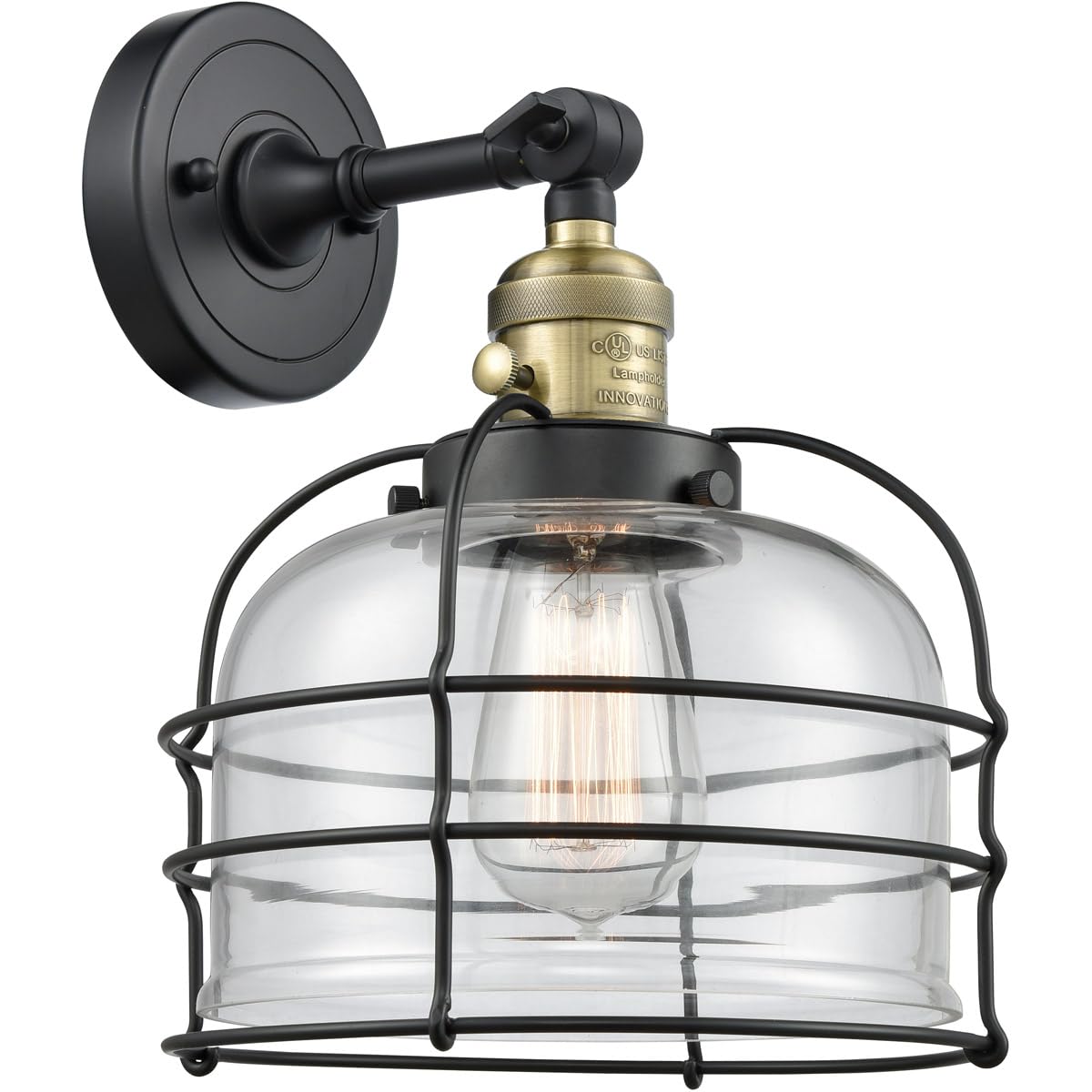 Franklin Restoration Collection Black Antique Brass LED Large Bell Cage Wall Sconce - 203SW-BAB-G72-CE - Vintage Lighting Fixture for Bedroom, Hallway & Entryway Decor
