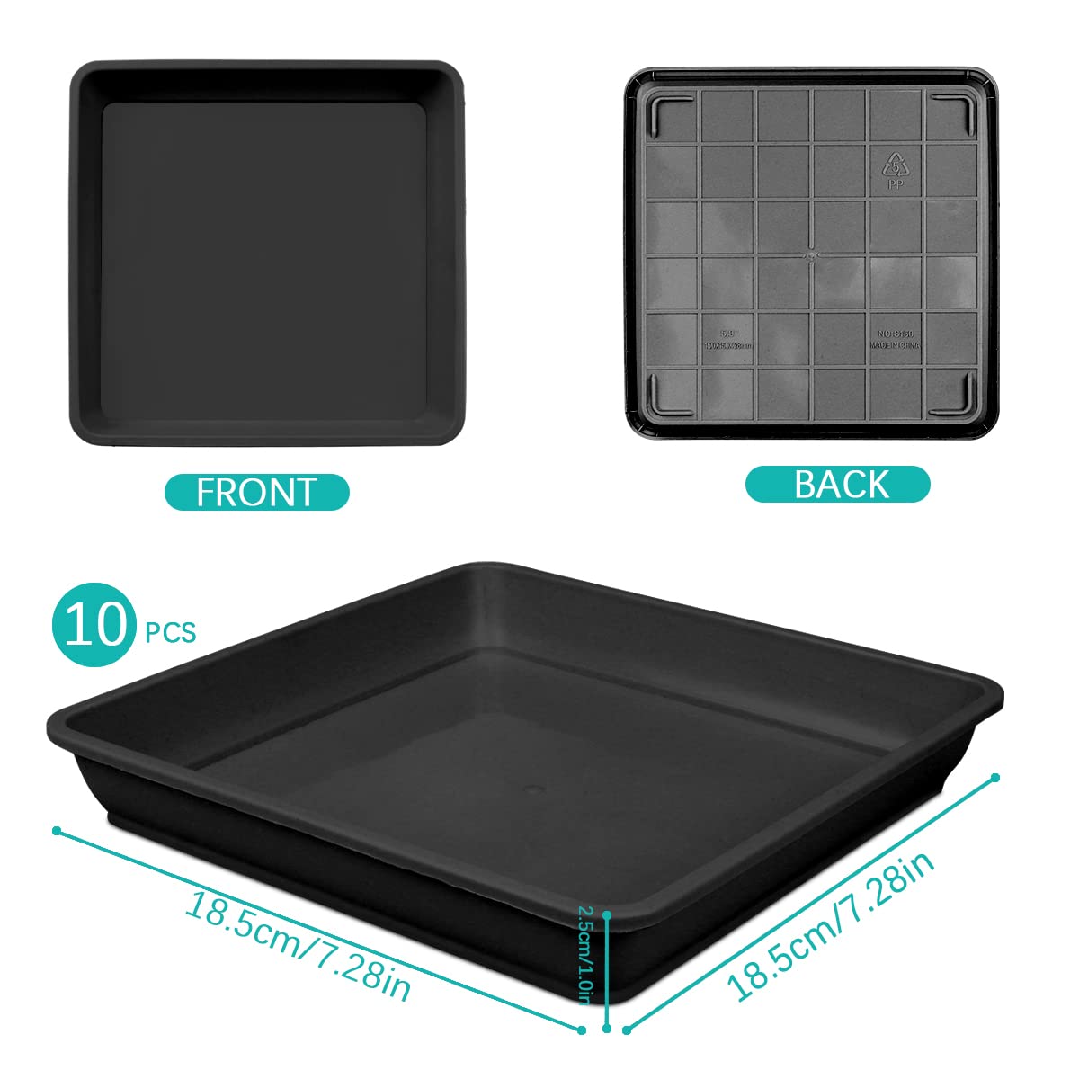 10 PCS 7-Inch Square Plastic Plant Saucers - Thick Drip Trays for Flower Pots, Garden Planters & Potted Plants | Water & Soil Protection | Indoor/Outdoor Use (Black)
