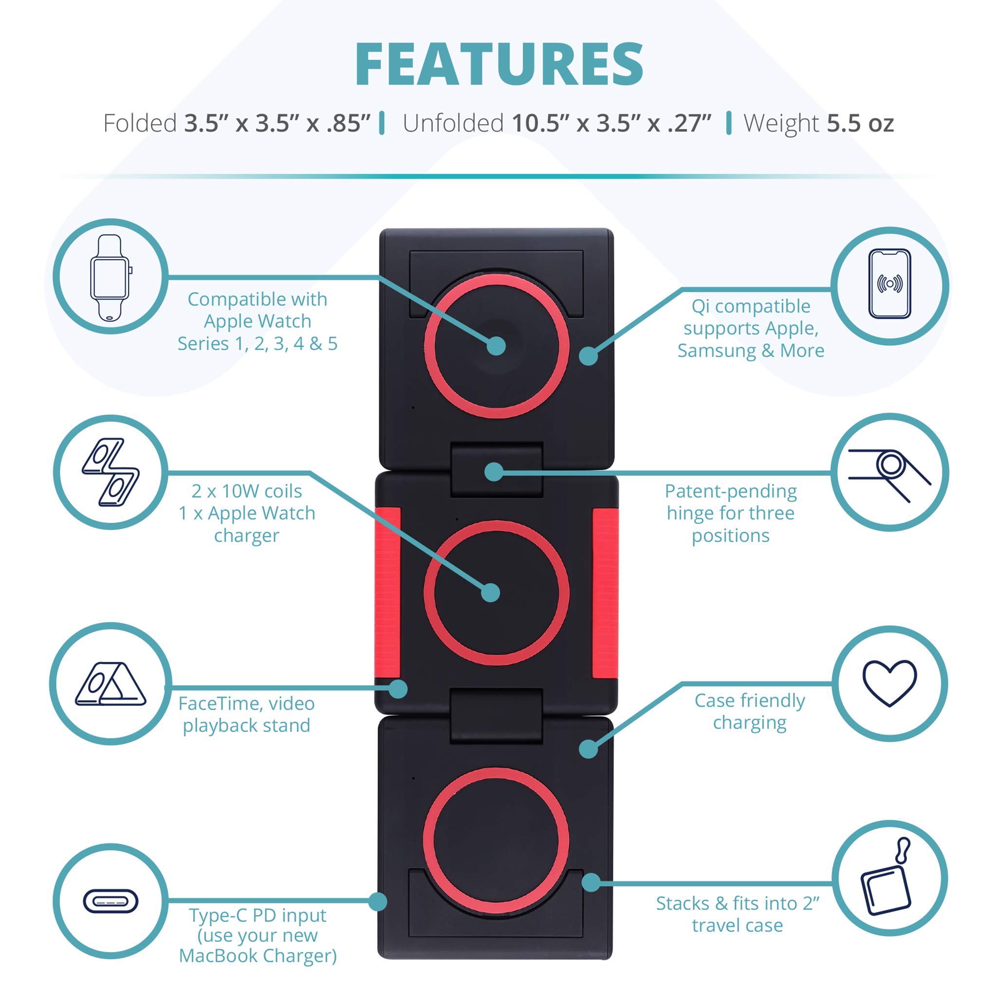 3-in-1 Foldable Wireless Charger for iPhone 15/14/13/12/11, Apple Watch Ultra/SE/Series 1-9 & AirPods Pro/Gen3 - 10W Fast Charging Station with Adapter & Cable - Glow LED Indicator - Perfect for Travel, Office & Nightstand Charging