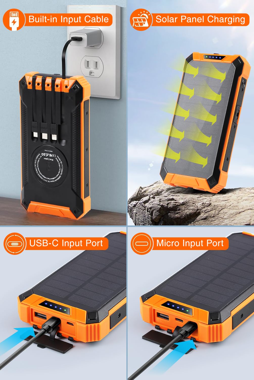 30000mAh Solar Power Bank with Wireless Charging - 15W Fast Portable Charger for iPhone, Samsung, Android | Built-in 4 Cables & 6 Outputs | 3 Inputs & Dual LED Flashlights - Perfect for Camping, Travel & Emergency Power Backup