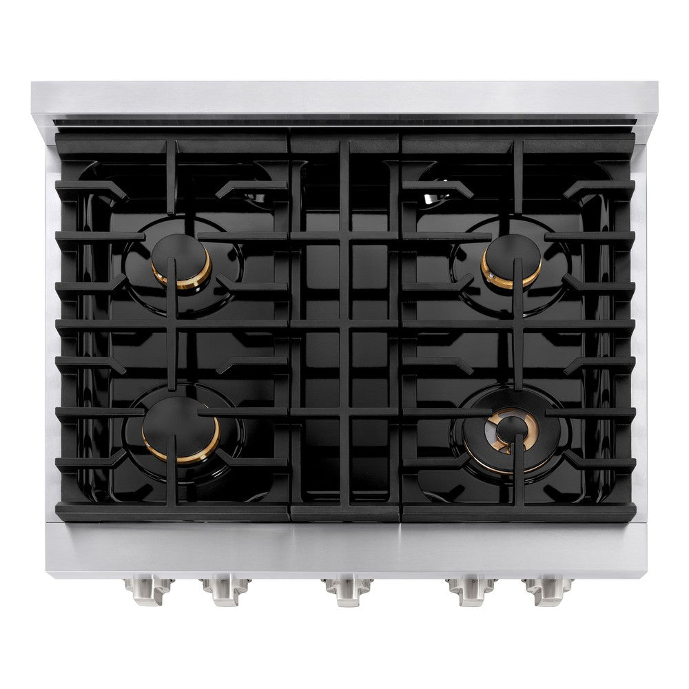 ZLINE 30-inch 4.2 cu. ft. Stainless Steel Gas Range with Convection Oven & 4 Brass Burners - Perfect for Home Kitchens & Professional Cooking (Model SGR BR 30)