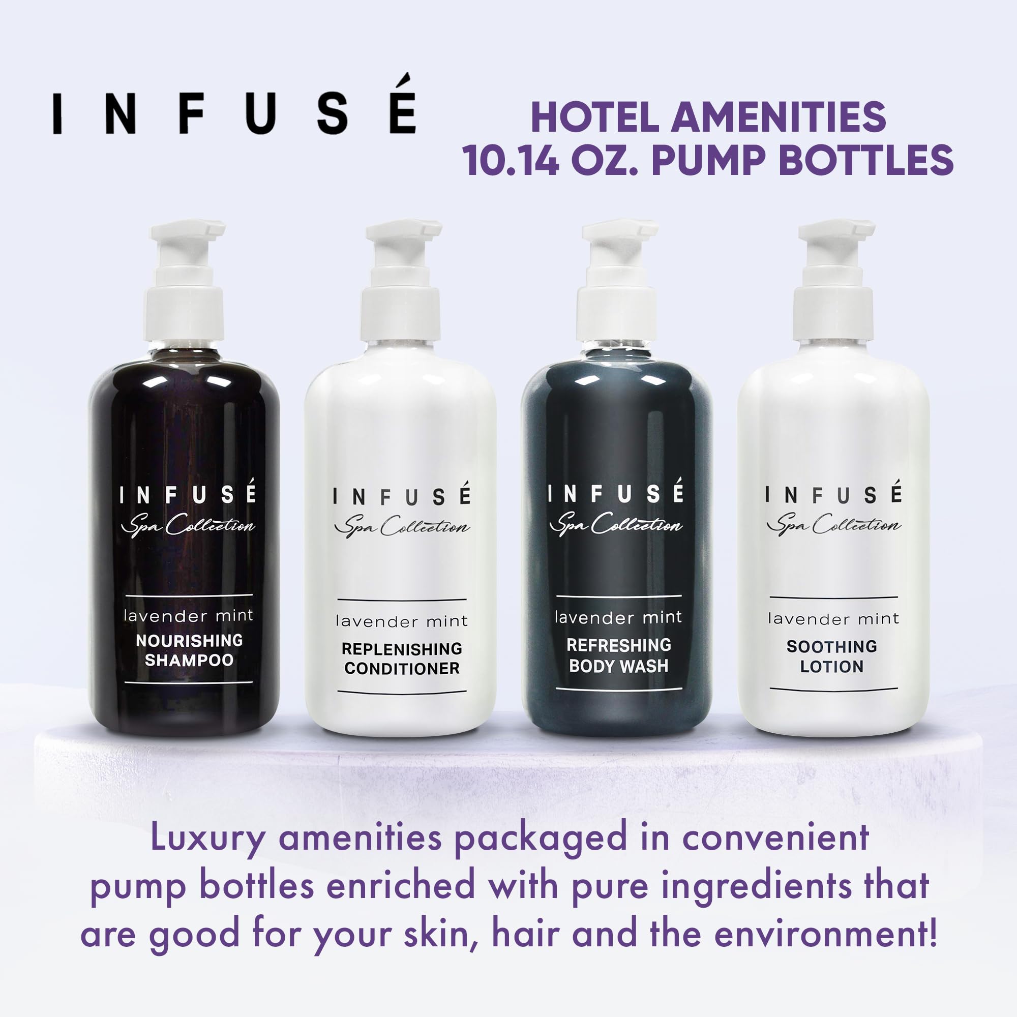 Lavender Mint Spa Amenities Set - 10.14 oz Shampoo, Conditioner, Body Wash & Lotion with Pump Bottles | Relaxing Bath & Body Care for Hotels, Spas & Home Use