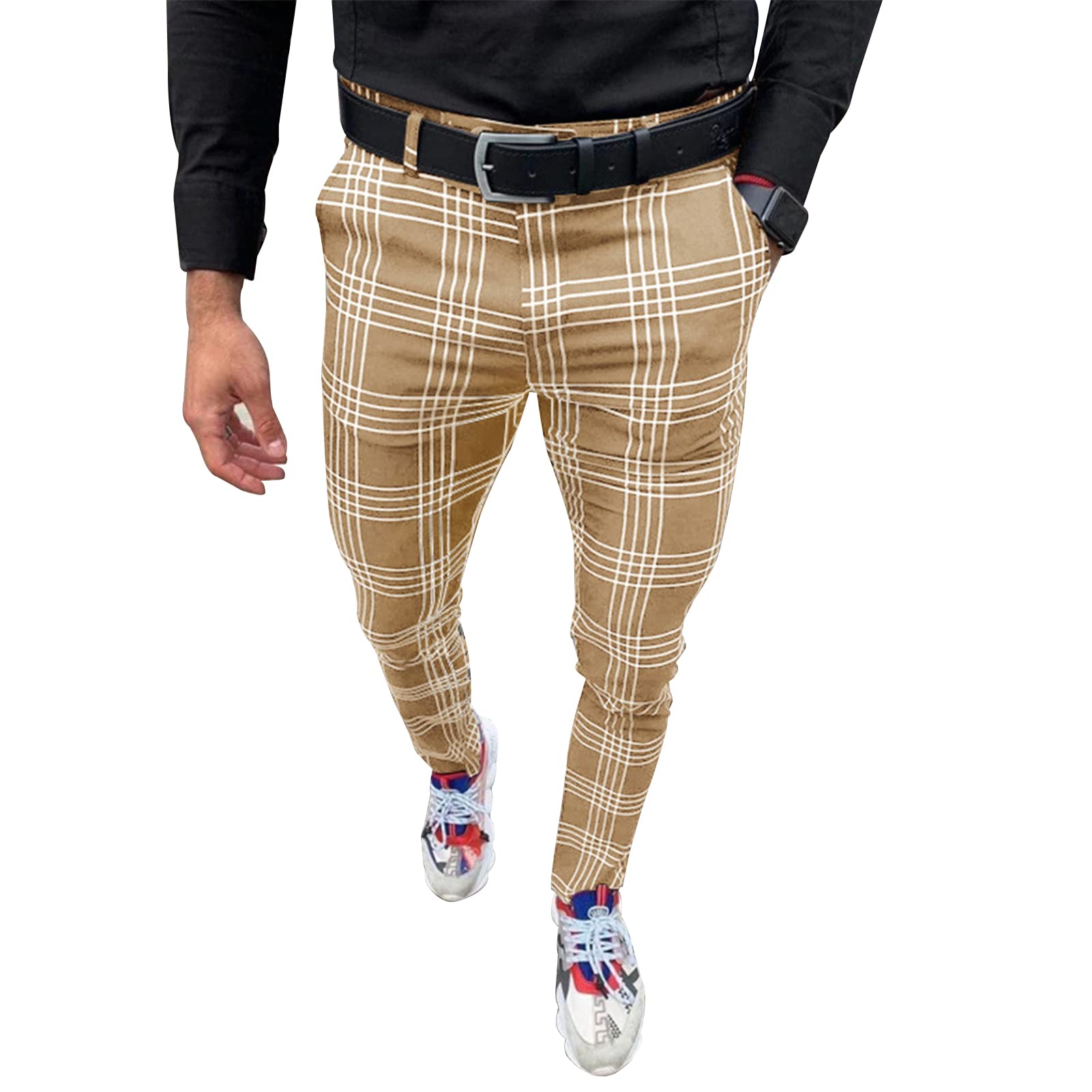 Men's Slim Fit Stretch Dress Pants - Plaid Business Casual & Golf Pants for Office, Work & Outdoor Activities