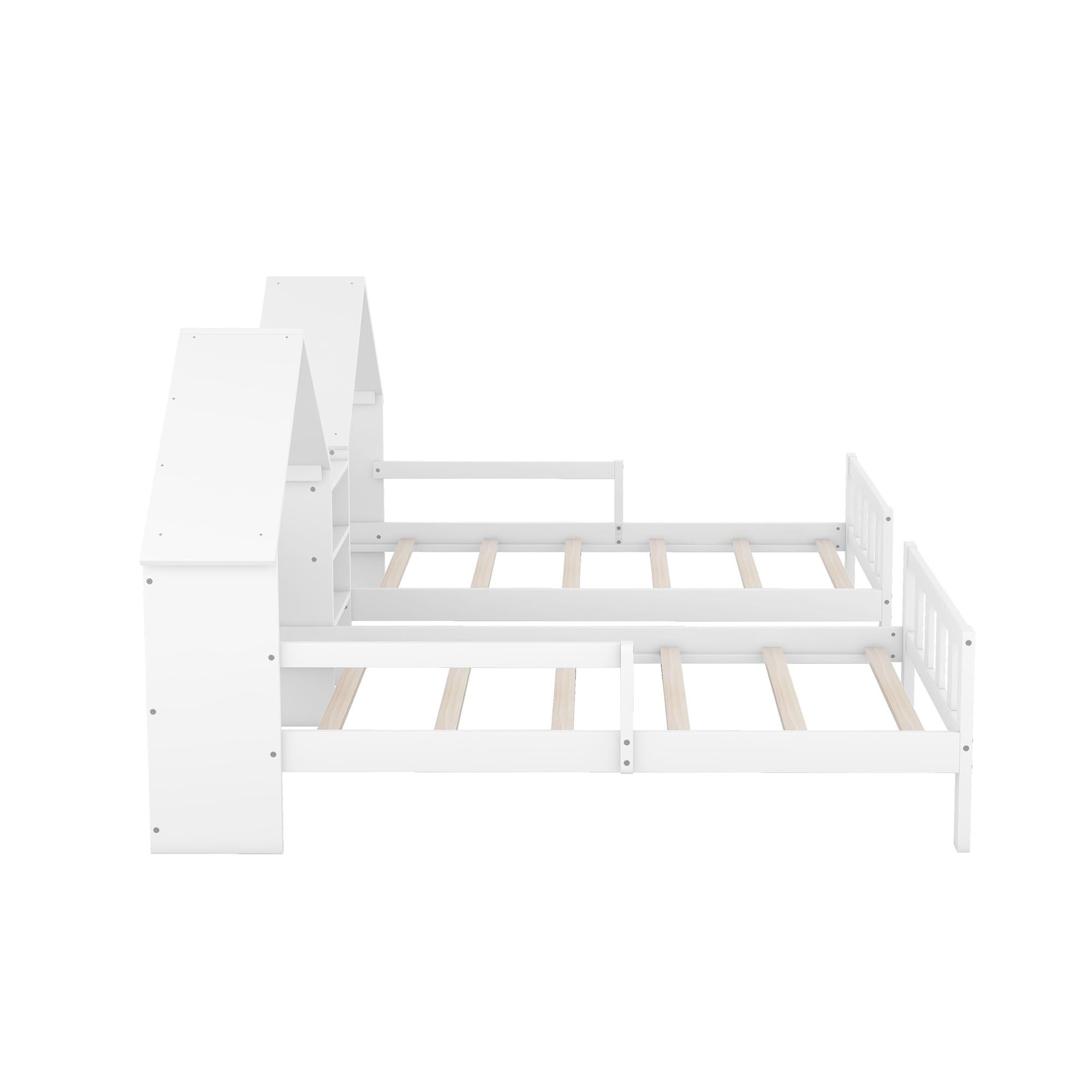 Harper & Bright Designs White Wooden Double Twin Bed Frame for Kids - House-Shaped Headboard with Built-in Nightstand, Side by Side Montessori Bunk Bed for Boys & Girls - Perfect for Shared Kids' Rooms & Small Spaces