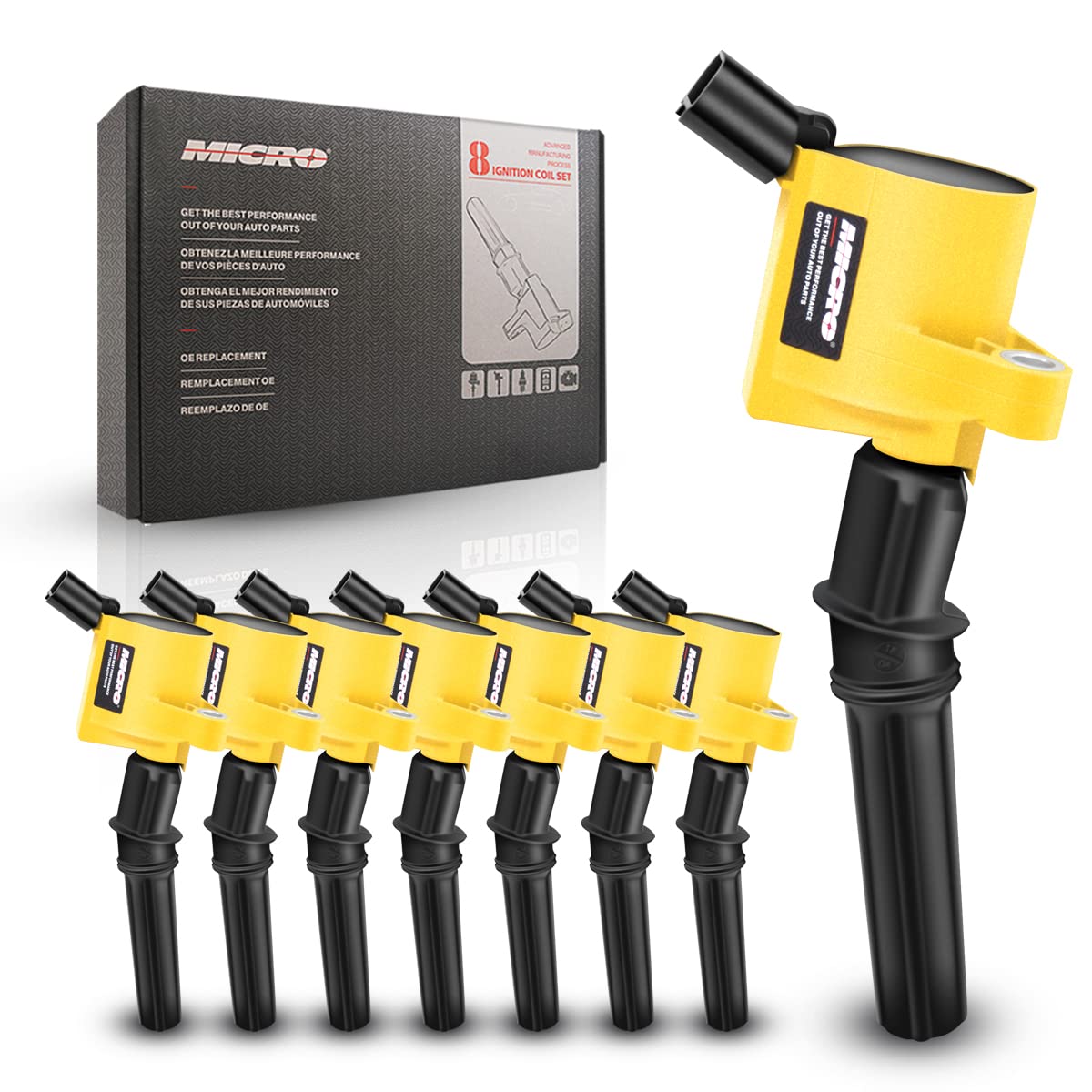 8-Piece DG508 Yellow Boot Ignition Coil & SP479 Iridium Spark Plugs Set - Compatible with Ford F150, F250, Crown Victoria, Expedition, Lincoln, Mercury - Replacement for DG491 FD503 - Perfect for Engine Performance Upgrade & Tune-Up