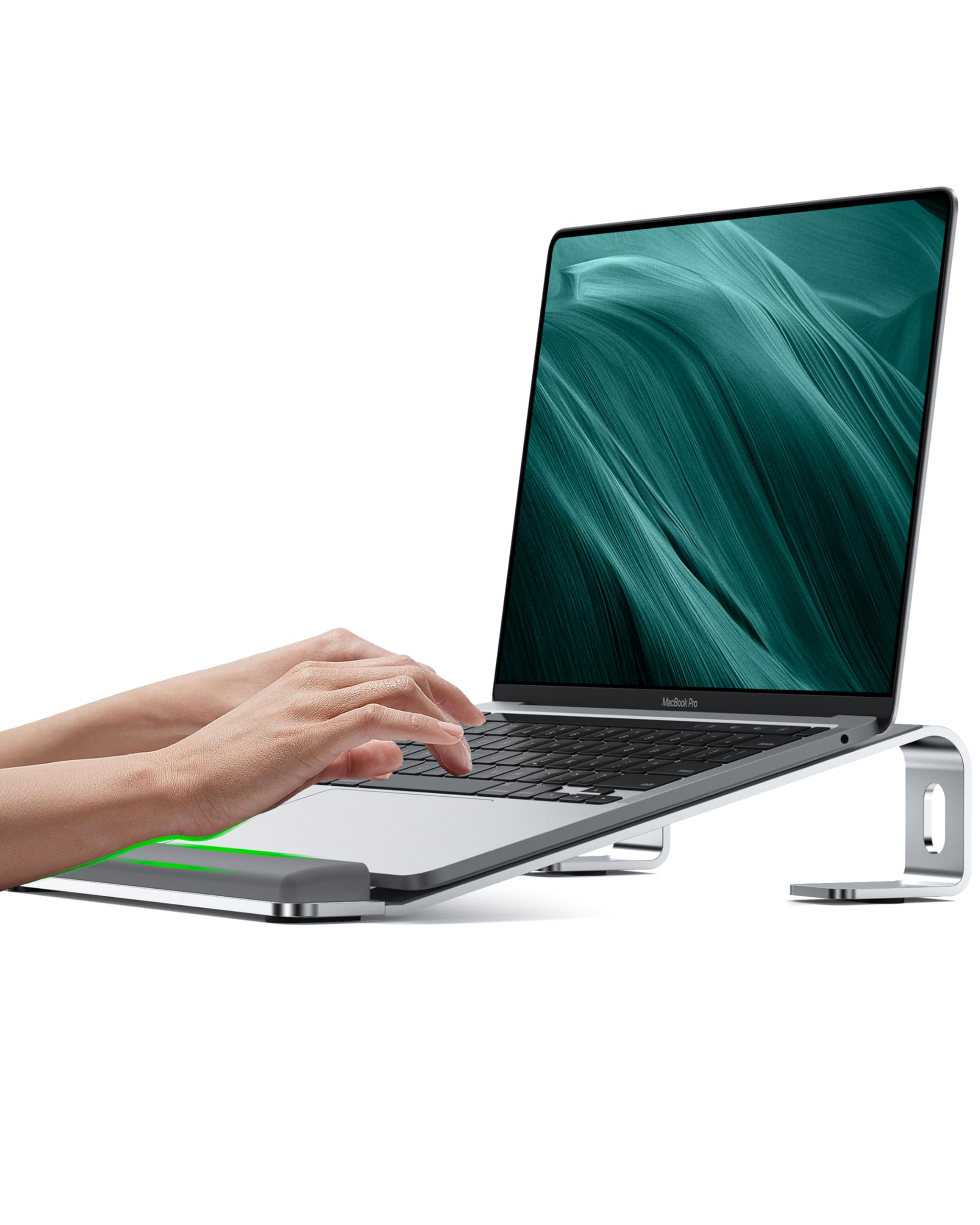 Aluminum Laptop Stand for Desk with Wrist Rest Pad, Detachable Laptop Mount for MacBook Air Pro, Dell, HP, 10-17 Inches Notebooks, Heavy Stable Holder, Silver - Perfect for Home Office and Gaming Setup