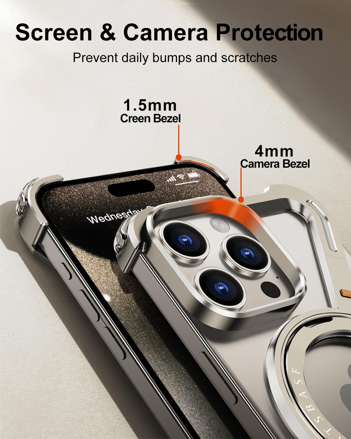 **Magnetic Kickstand Case for iPhone 15 Pro – 360° Rotatable Frameless Metal Bumper with Slim Ultra-Thin Design & Ring Holder – Perfect for Work, Travel, and Everyday Protection**