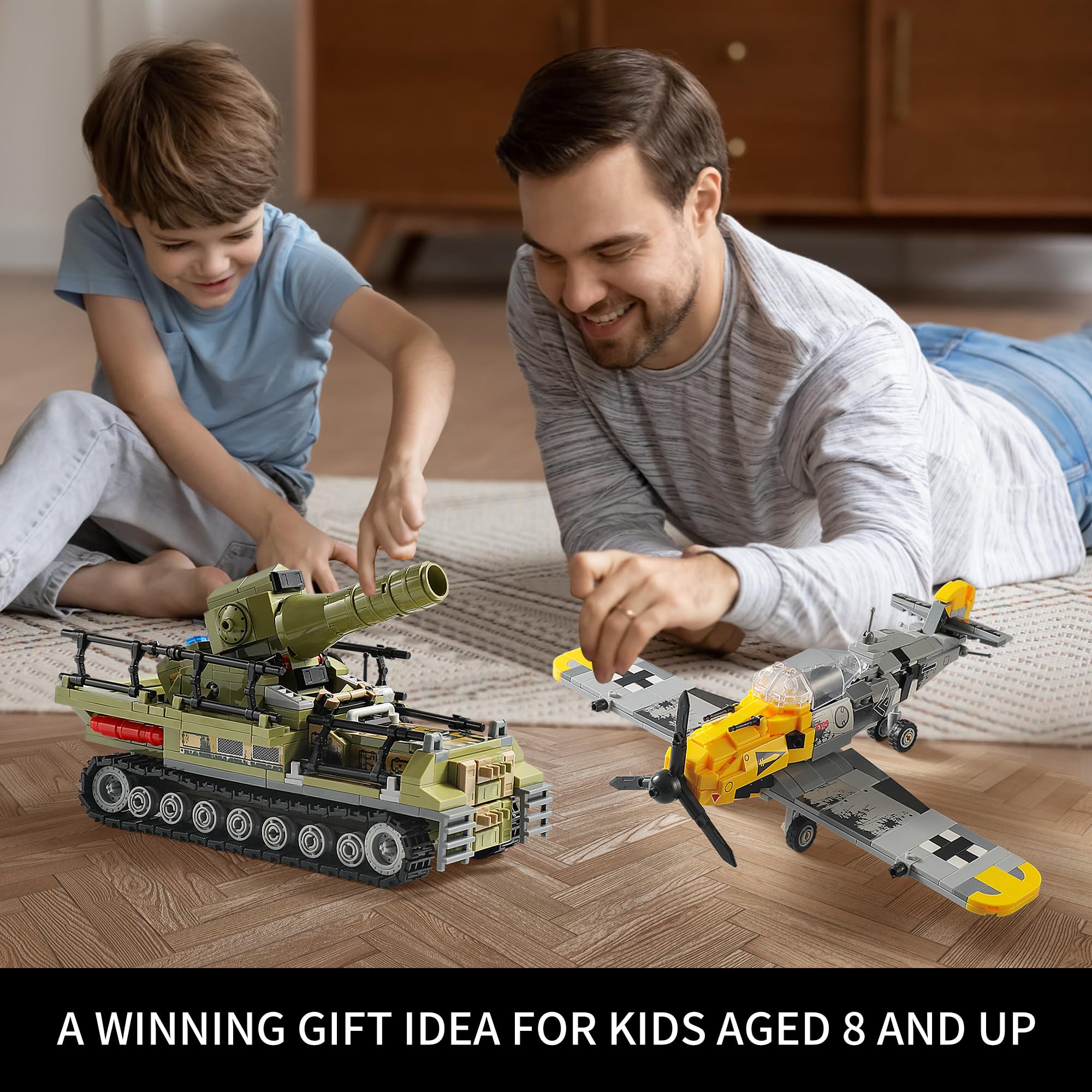WW2 Military Building Toys - Compatible with Lego, Build BF109 Fighter Jet & Karl Giant Mortar Tank - WWII Army Airplane Model Kit for Boys Age 8-12 | Perfect for History Lessons, War Reenactments & STEM Learning
