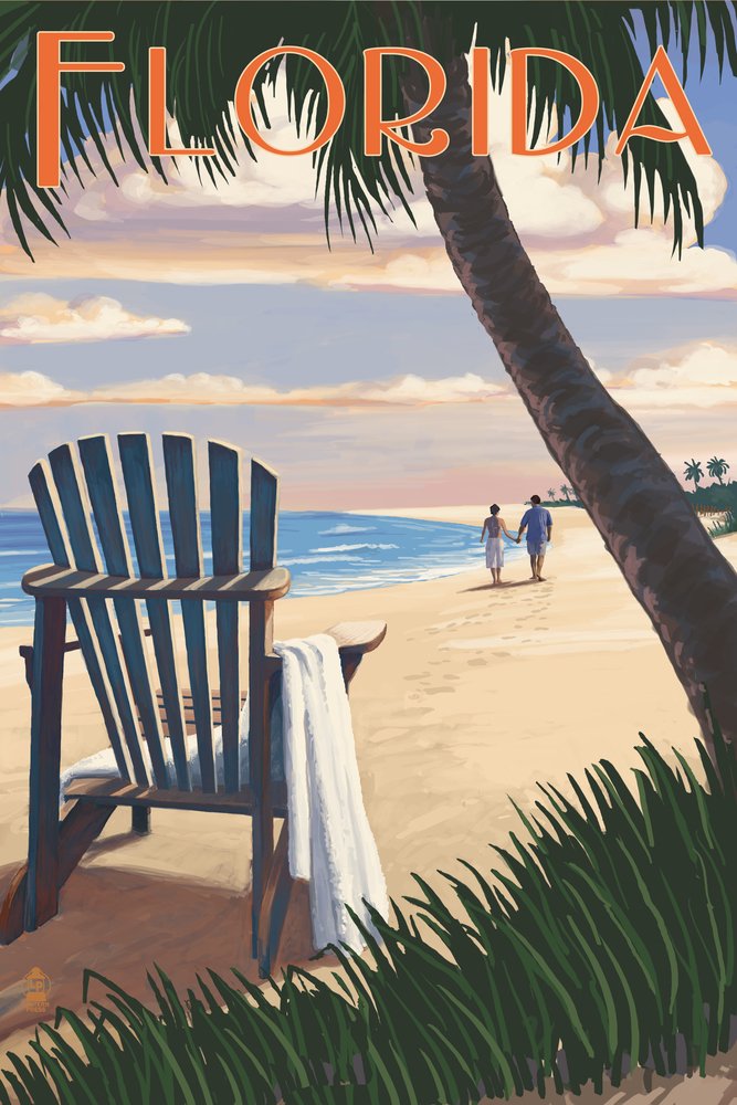 Florida Adirondack Chairs Sunset Art Print - 24x36 Giclee Gallery Quality Travel Poster - Beach House Wall Decor for Living Room, Porch & Coastal Home Decor