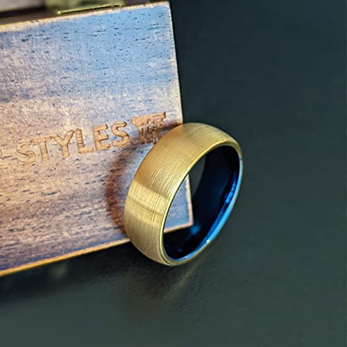 14K Yellow Gold Tungsten Men's Wedding Band with Blue Interior - 8mm Comfort Fit Ring for Him, Unique Promise & Anniversary Gift - Perfect for Engagements, Weddings & Special Occasions