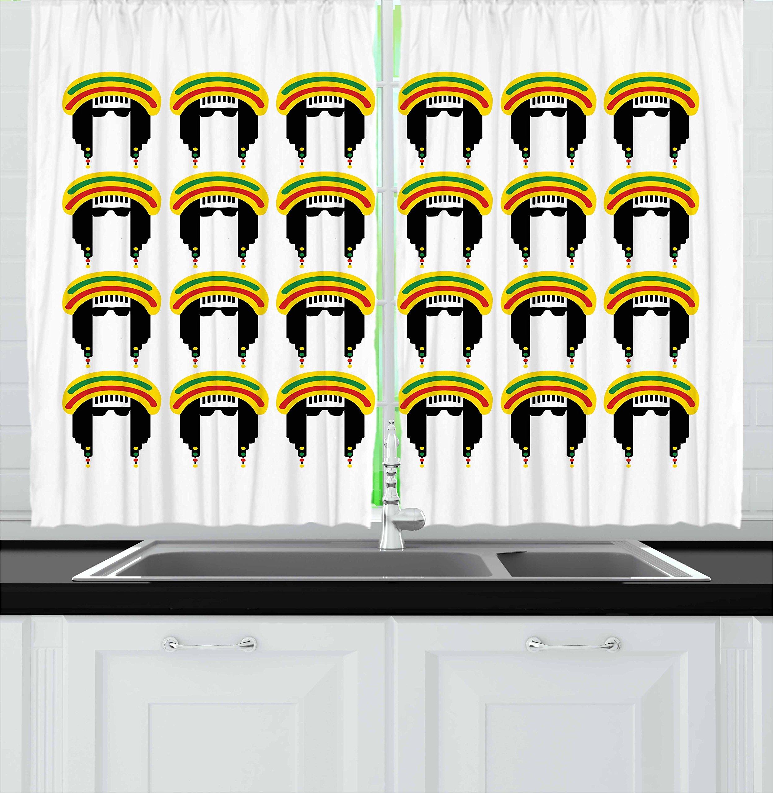 Ambesonne Jamaican Kitchen Curtains - Cartoon Style Rastafarian Man with Dreadlocks Design, 2 Panel Set for Window Drapes (55