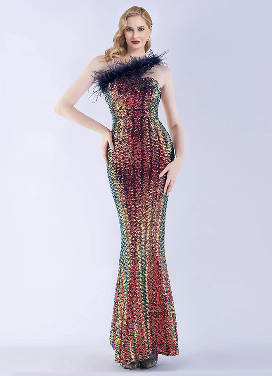 Elegant Blue One Shoulder Feather Sequin Mermaid Evening Gown for Prom, Wedding & Formal Events - Luxury Women's Party Dress