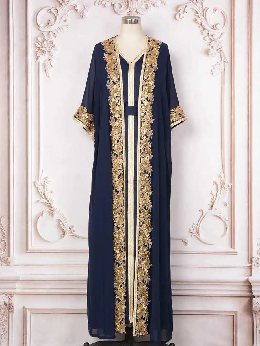 Elegant Beaded Eid 2-Piece Set - Batwing Sleeve Farasha Kaftan Dress for Women | Perfect for Eid Celebrations, Weddings & Special Occasions (#25264)