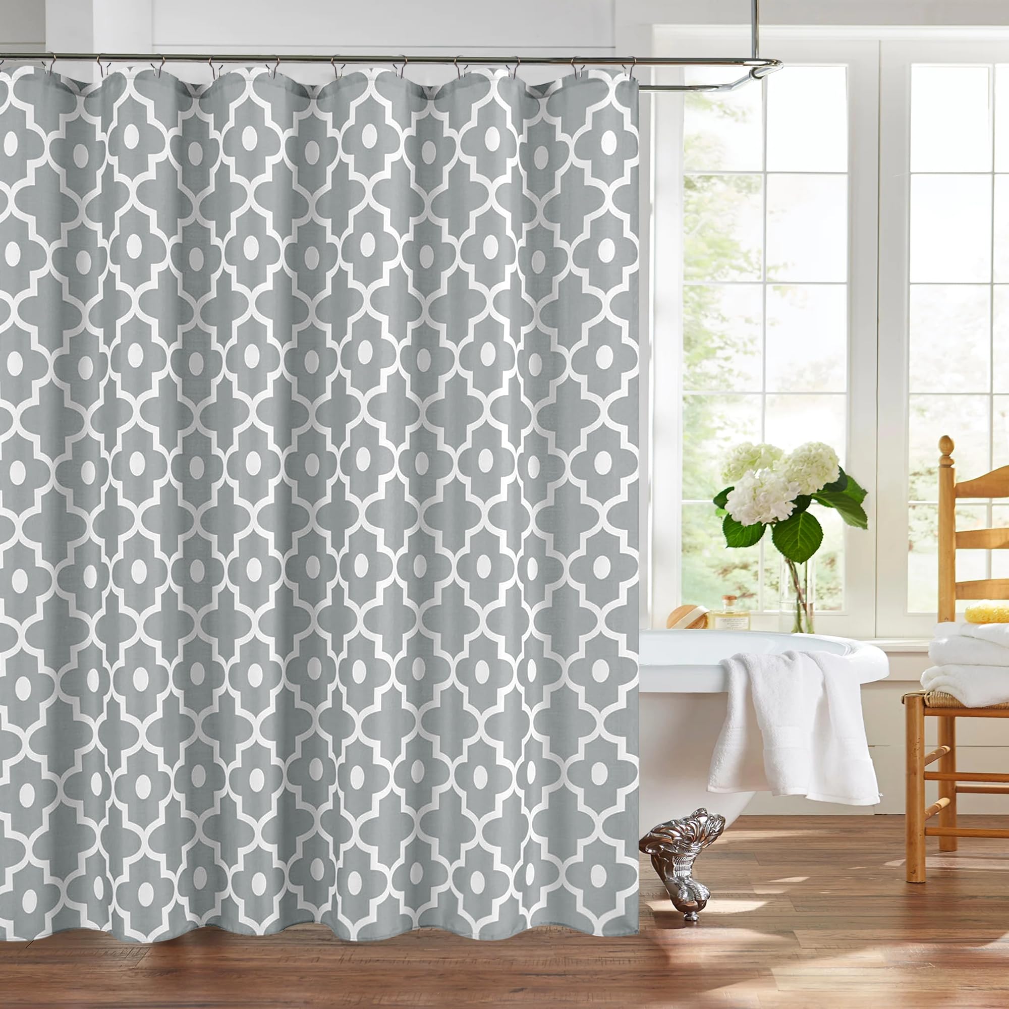 Biscaynebay Textured Fabric Shower Curtain 72x72 Inches - Silver Grey Morocco Pearl Printed Linen Bath Curtain for Modern Luxury Bathroom | Hotel Quality, Machine Washable | Perfect for Spa, Master Bath & Guest Room Decor