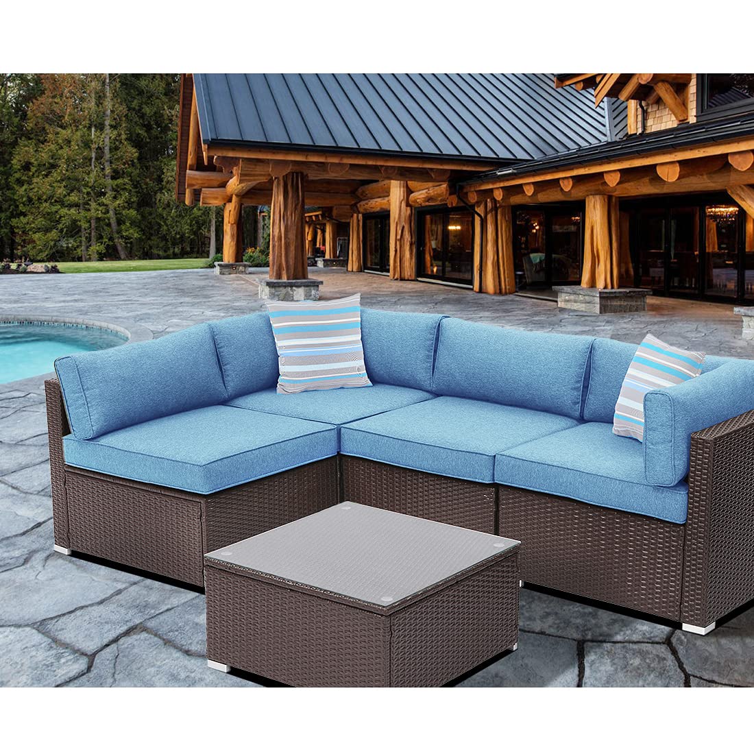 HOMPUS 5-Piece Outdoor Patio Sofa Set - All-Weather Chocolate Brown Wicker Sectional Furniture with Royal Blue Cushions, 2 Striped Pillows & Glass Coffee Table - Perfect for Garden, Backyard, Poolside & Patio Relaxation
