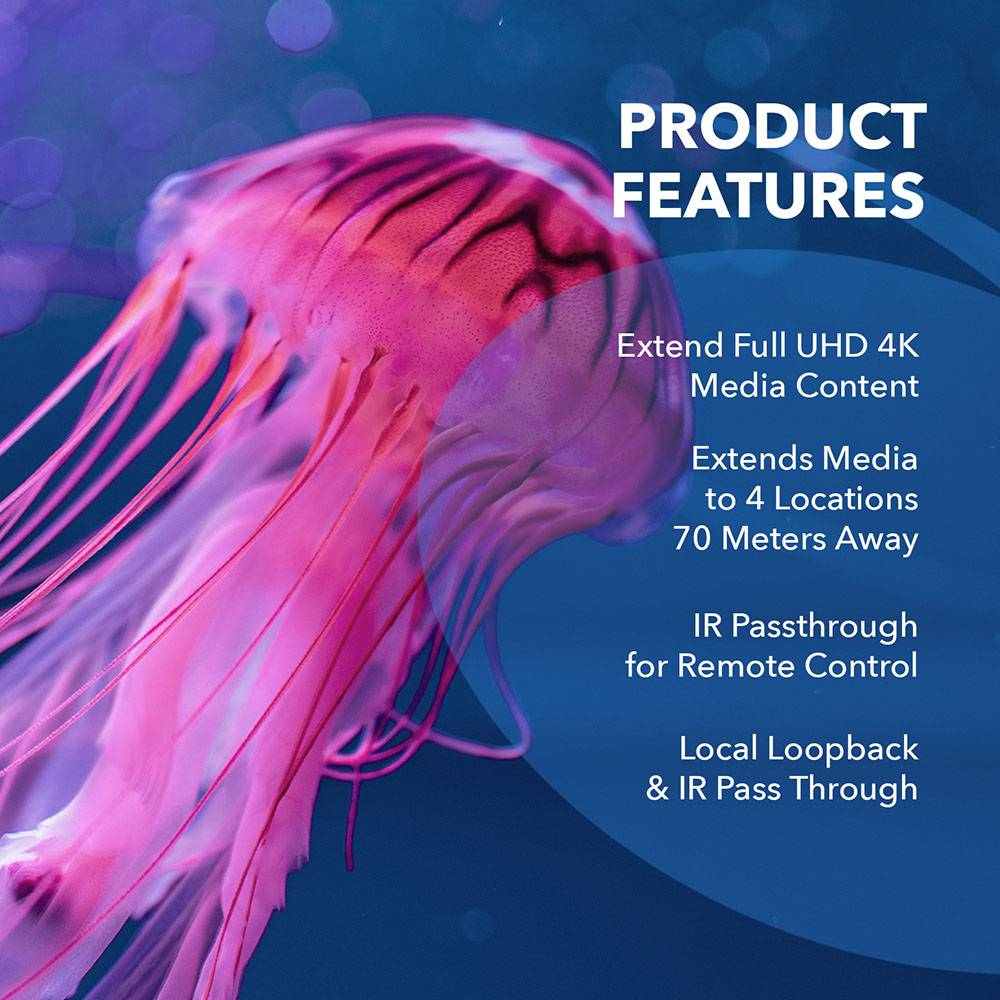 1x4 4K HDMI Extender Splitter Over Single CAT6/7 Cable - Up to 230ft, 18Gbps, Bi-Directional IR, RS232, EDID - ipcolor Technology (UHD14 IPC230 K) - Perfect for Home Theater, Conference Rooms & Gaming Setups