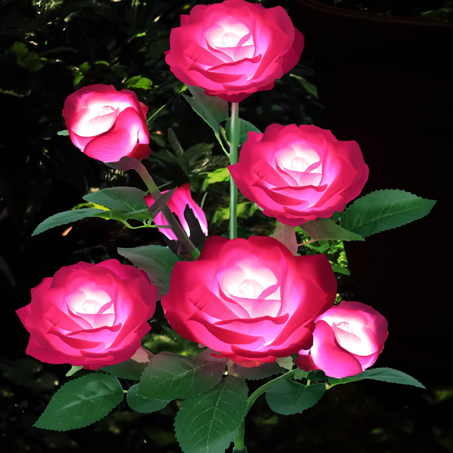 Solar Powered Outdoor Garden Lights - 7 Rose Flower Stake Lights with Enlarged Solar Panel for Pathway, Patio, Yard & Landscape Decoration (Pink) | Weatherproof & Energy Efficient Solar Lights for Romantic Evening Ambience