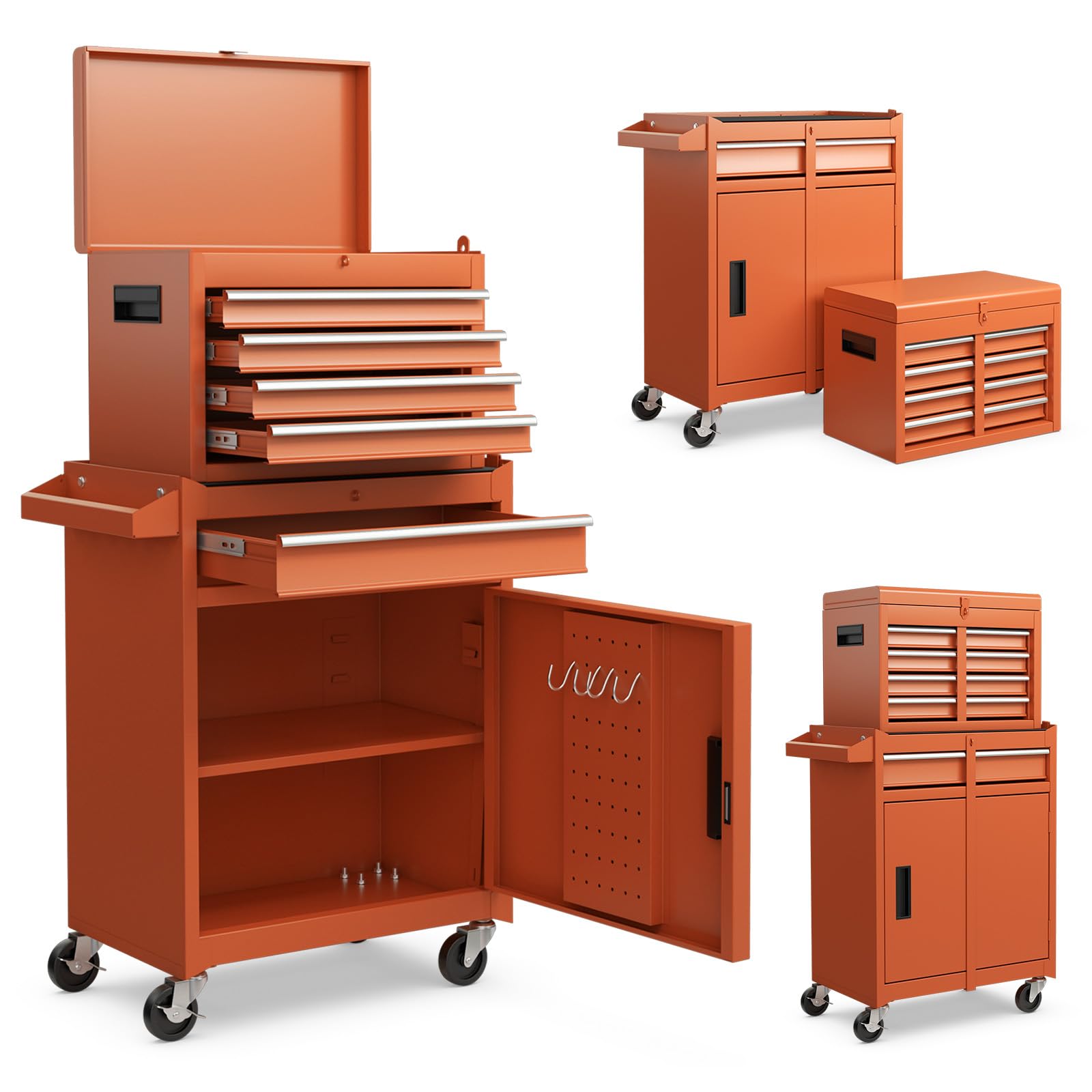 ERGOMASTER Heavy Duty 5-Drawer Rolling Tool Chest with Lockable Cabinet - Orange Tool Box for Garage, Workshop & DIY Projects | Removable Drawers for Easy Organization