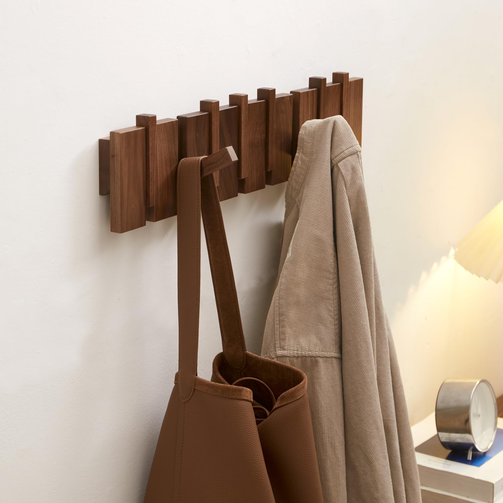 Sturdy Walnut Wood Wall Mounted Coat Rack with 8 Heavy Duty Hooks - Perfect for Hanging Coats, Keys, Hats, Robes, Towels, Plants & Bags - Ideal for Entryway, Bedroom, Bathroom & Mudroom Organization