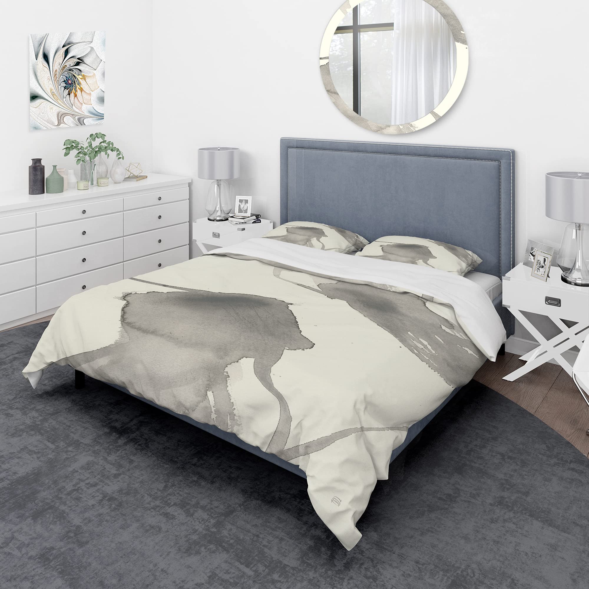 Minimal Geometric Zen Duvet Cover Set King - Grey Abstract Bedding for Modern Bedrooms