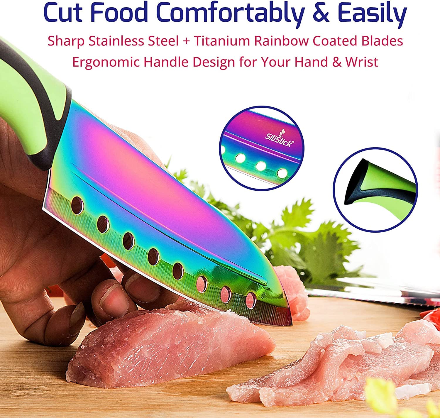 5-Piece Colorful Kitchen Knife Set with Knife Sharpener & Magnetic Wall Bar - Titanium Non-Stick Coated Stainless Steel - Dishwasher Safe - Perfect for Home Cooking, Gift & Professional Chefs