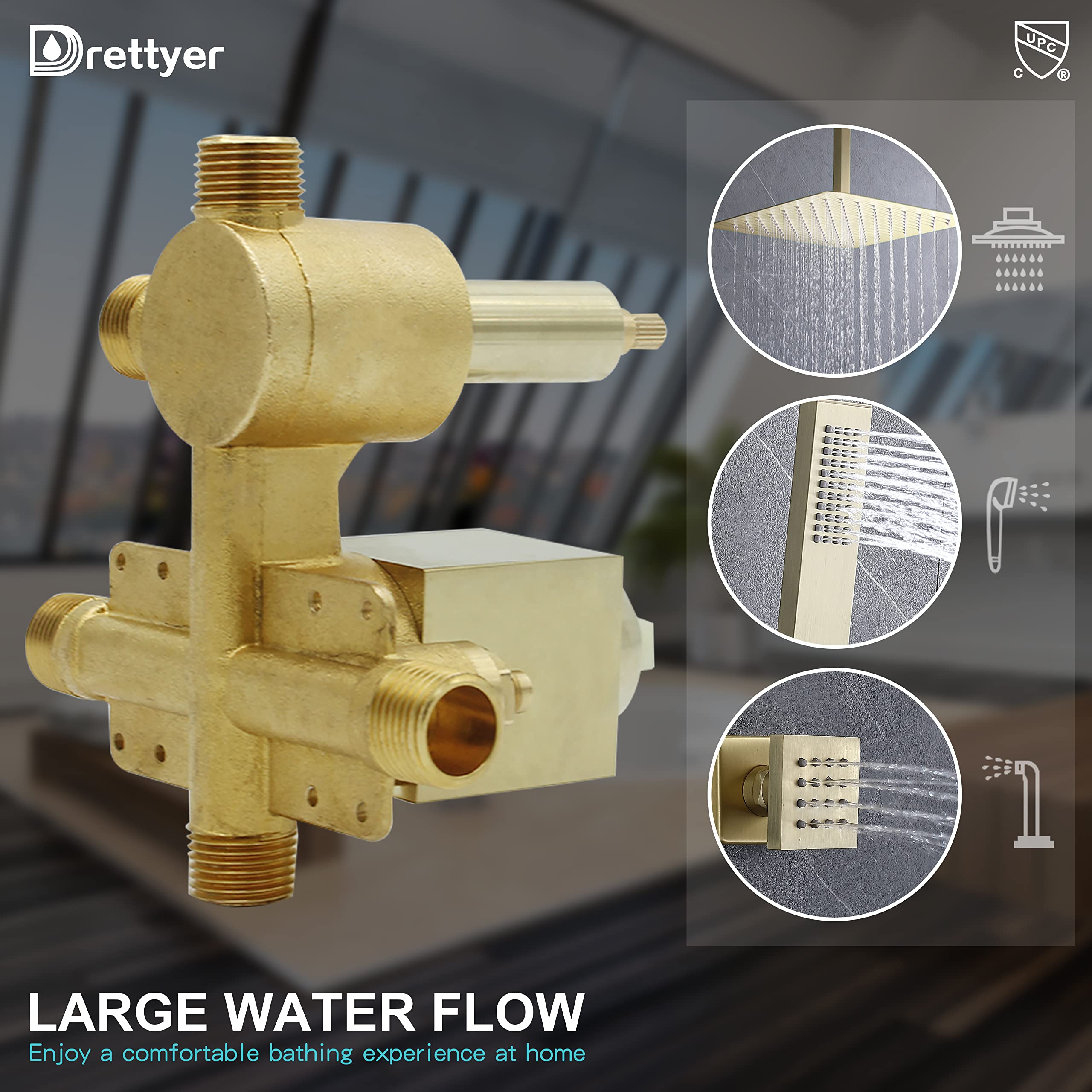 Brushed Gold 3-Way Shower Valve - Concealed Brass 3-Outlet Diverter Valve with Flow Control - Mixer Rough-In Shower Valve Kit for Bathroom, Spa, and Luxury Shower Systems