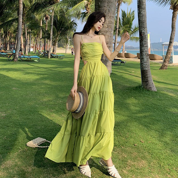 Elegant Green Spaghetti Strap Maxi Dress for Women | Flowy Summer Layered Dress | Perfect for Beach Vacations, Date Nights & Outdoor Weddings