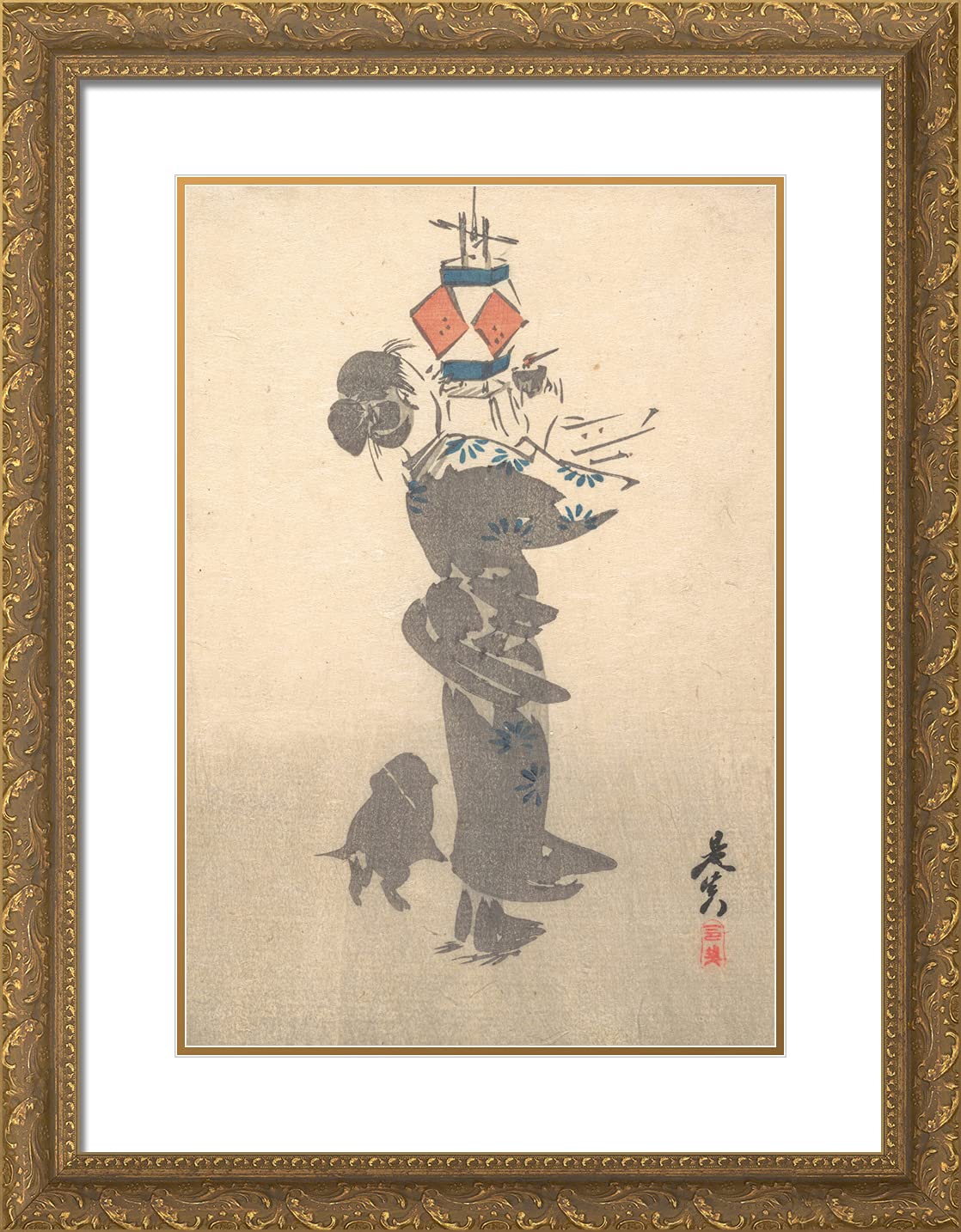 ArtDirect Zeshin Shibata 19x24 Inch Gold Ornate Framed Japanese Art Print with Double Matting - Lighting a Hanging Lantern for Obon Festival - Perfect for Home Decor, Office Wall Art & Traditional Japanese Gift