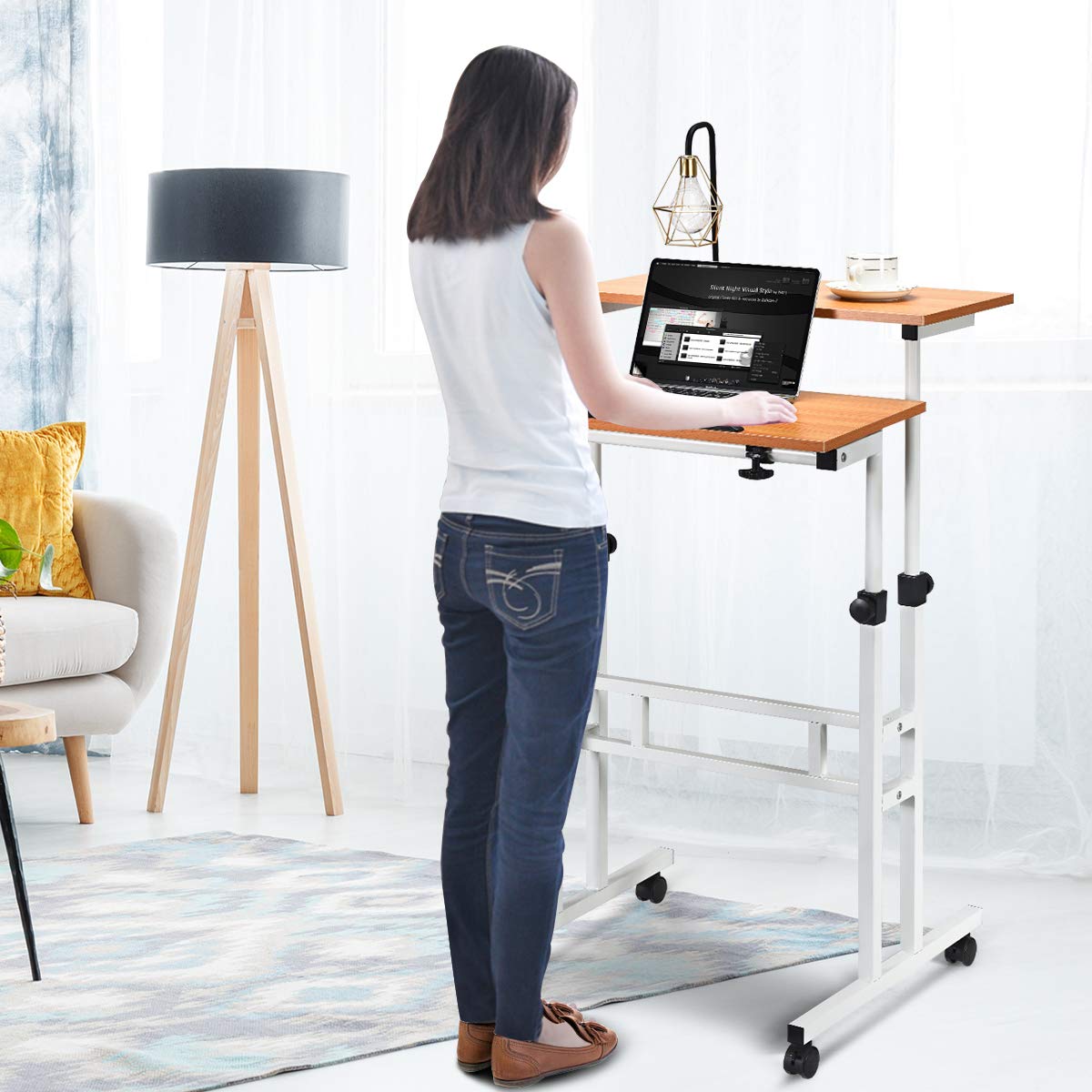 Tangkula Mobile Standing Desk - Height Adjustable Laptop Cart with Tilting Tabletop, Rolling Computer Desk with Lockable Wheels & 2 Hooks for Home Office | Perfect for Remote Work, Online Classes & Small Workspaces
