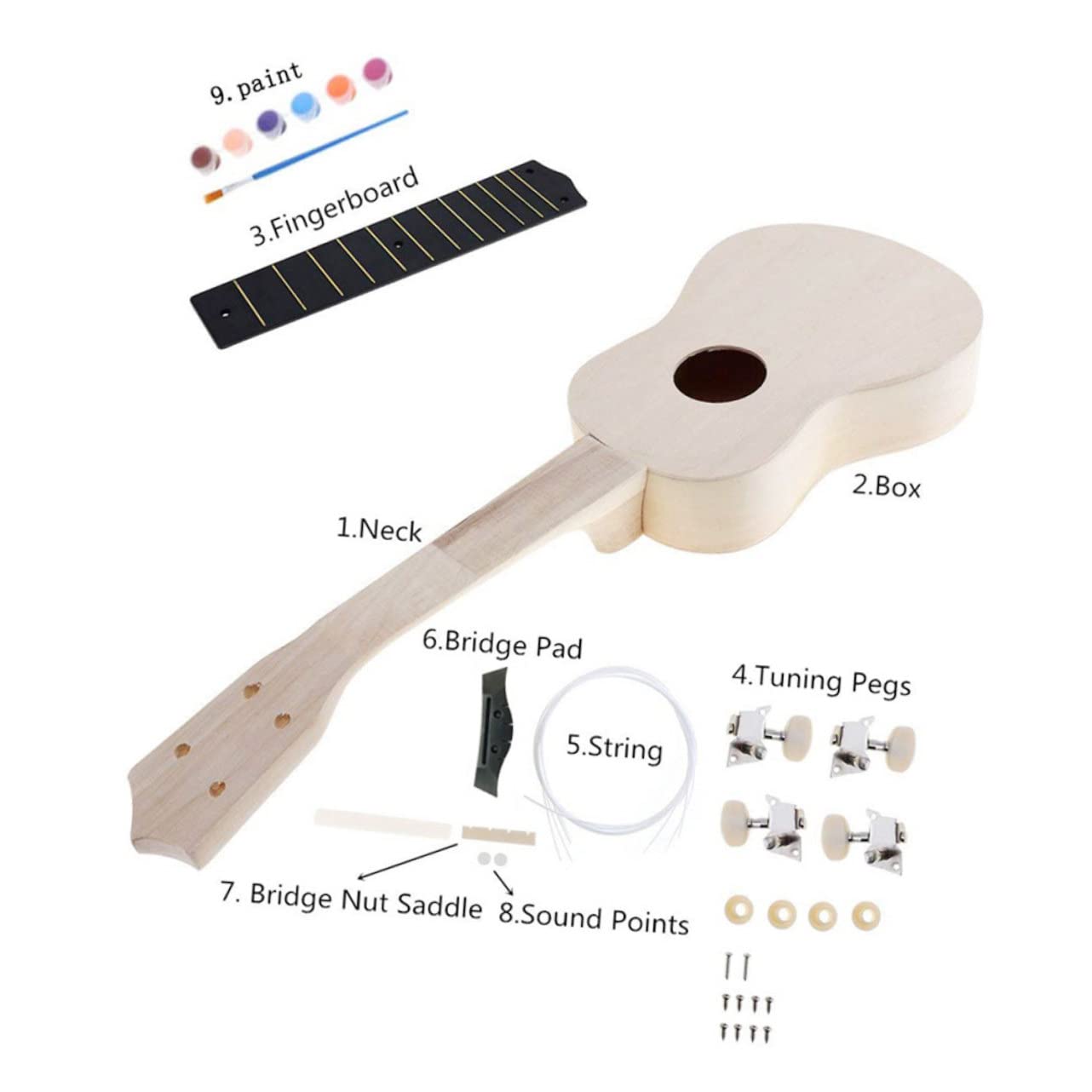 EXCLUZO 4-String Wooden Ukulele Kit for Kids - DIY Mini Guitar Assembly Toy Set with Wooden Beige Finish - Creative Musical Instrument for Children's Learning & Play - Perfect for Beginners, Students & Hawaiian-Themed Parties