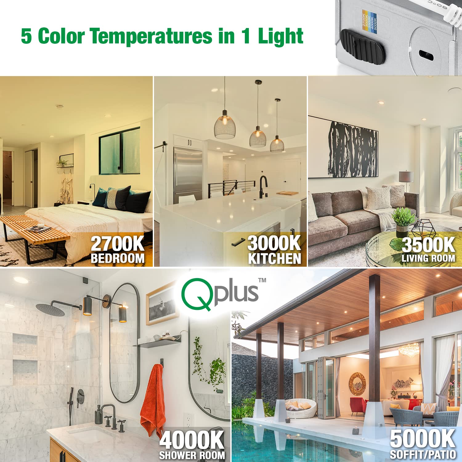 QPLUS 4-Inch Adjustable Recessed LED Gimbal Lights - 5CCT Color Selectable (2700K-5000K), Dimmable, Wet Rated, ETL & IC Certified, Canless Design - Perfect for Kitchens, Bathrooms & Living Rooms - 16 Pack