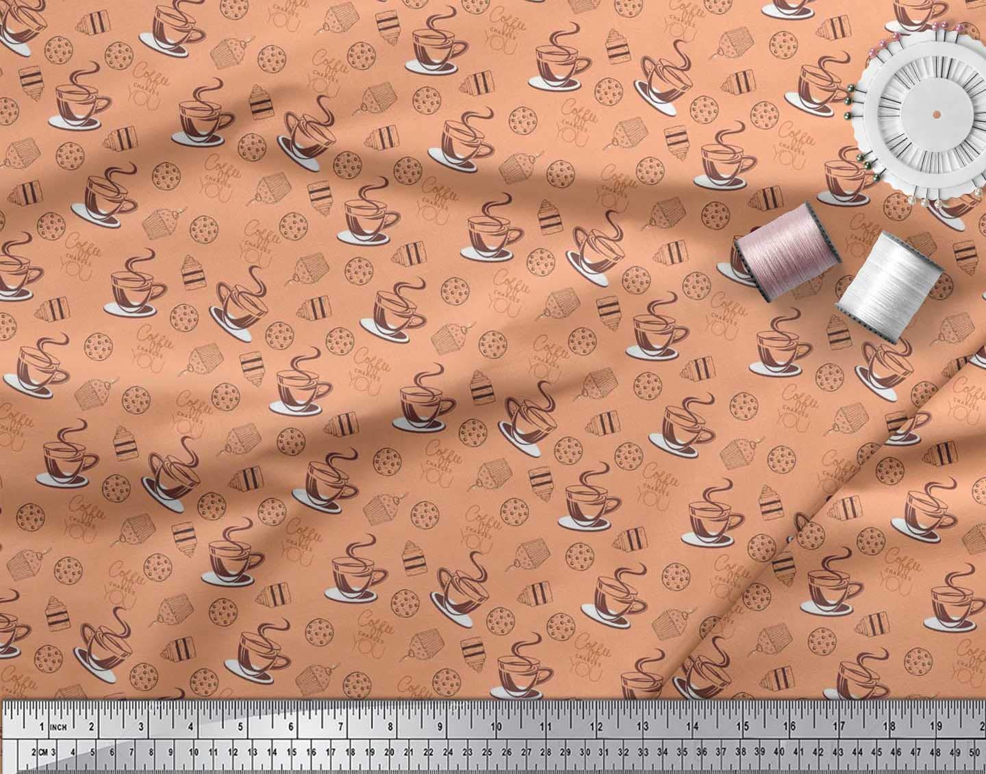 **Soimoi 100% Cotton Poplin Fabric - Orange Coffee Cupcake Print - 42 Inch Wide by The Yard - Soft Textile for Dresses, Curtains, DIY Crafts & Home Decor**    *(Use for sewing apparel, quilting, tablecloths, pillow covers, and handmade gifts)*