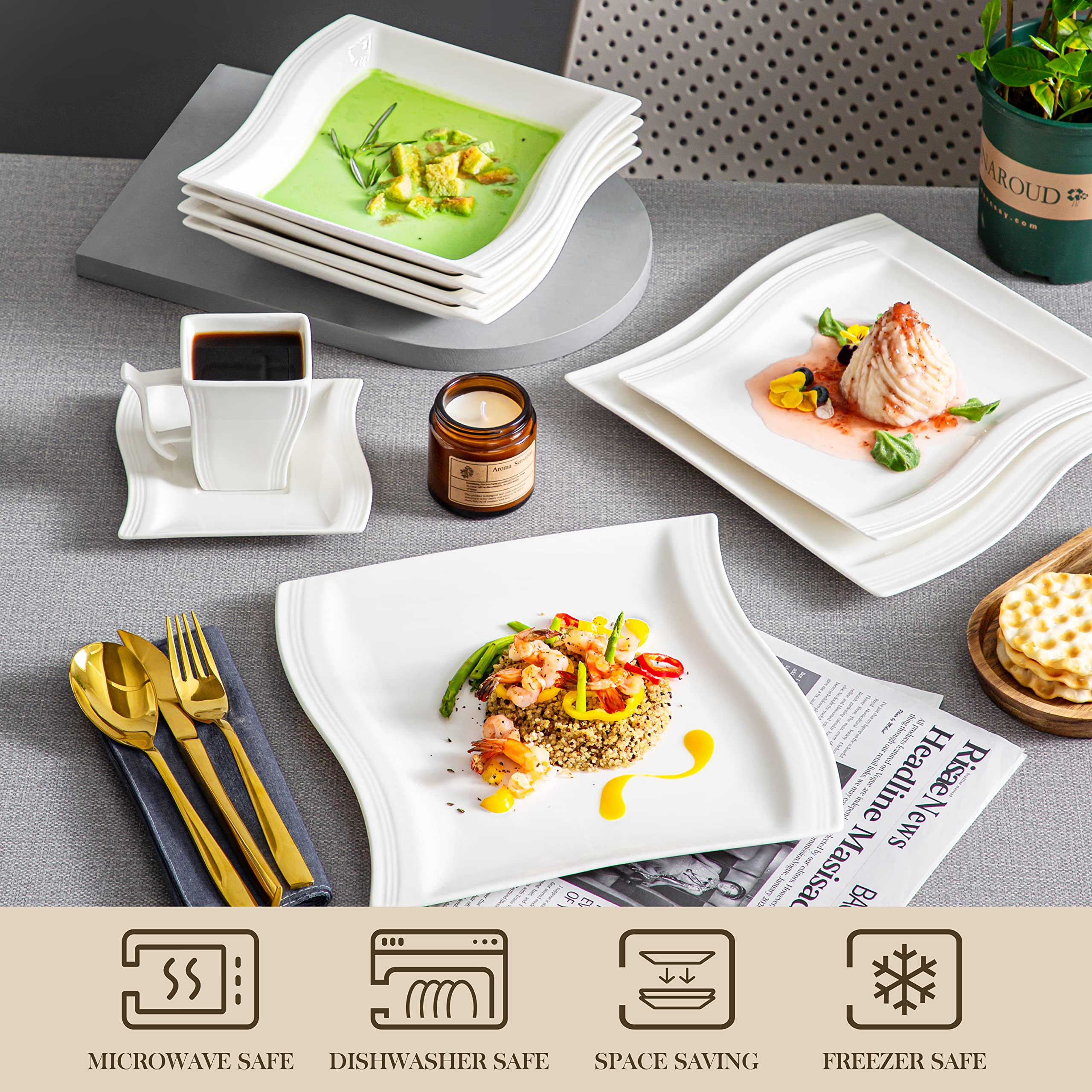 MALACASA 60-Piece Ivory White Porcelain Dinnerware Set for 12 - Dinner Plates, Bowls, Cups & Saucers, Square Dishes - Flora Series | Elegant Table Setting for Weddings, Holidays & Fine Dining