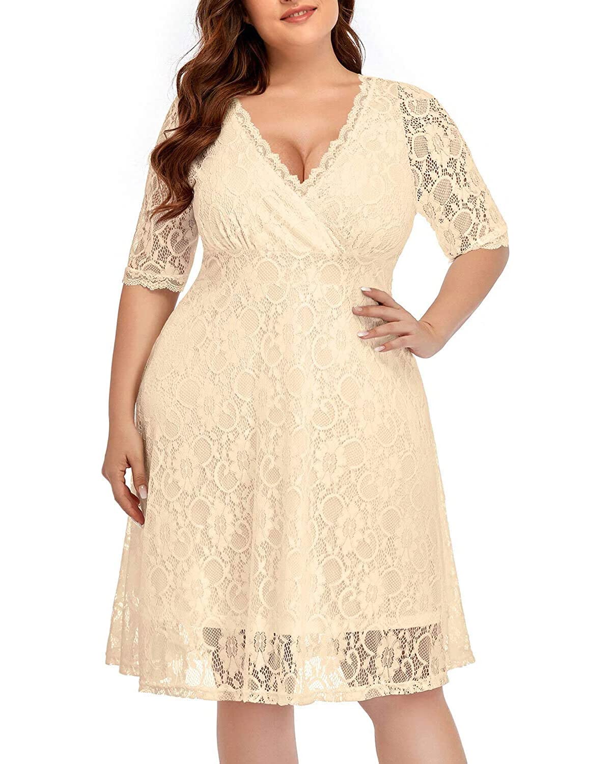 Plus Size Women's Lace Wrap V-Neck Knee-Length Cocktail Dress for Wedding Guest & Semi-Formal Parties | Elegant Evening Wear for Special Occasions