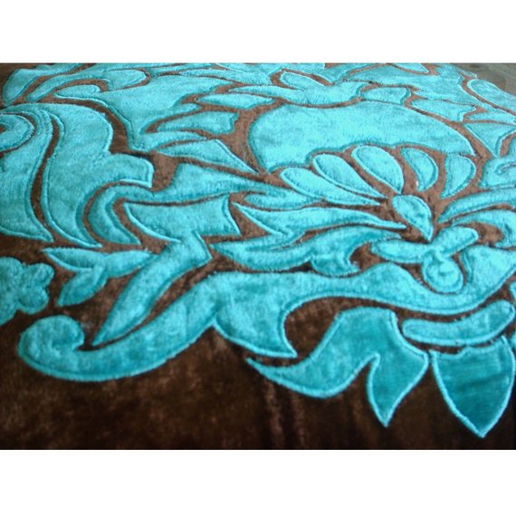 Brown & Blue Velvet Throw Pillow Cover - Elegant Damask Applique Design for Sofa, Bed & Home Decor - Soft Luxury Cushion Case for Living Room, Bedroom & Dorm