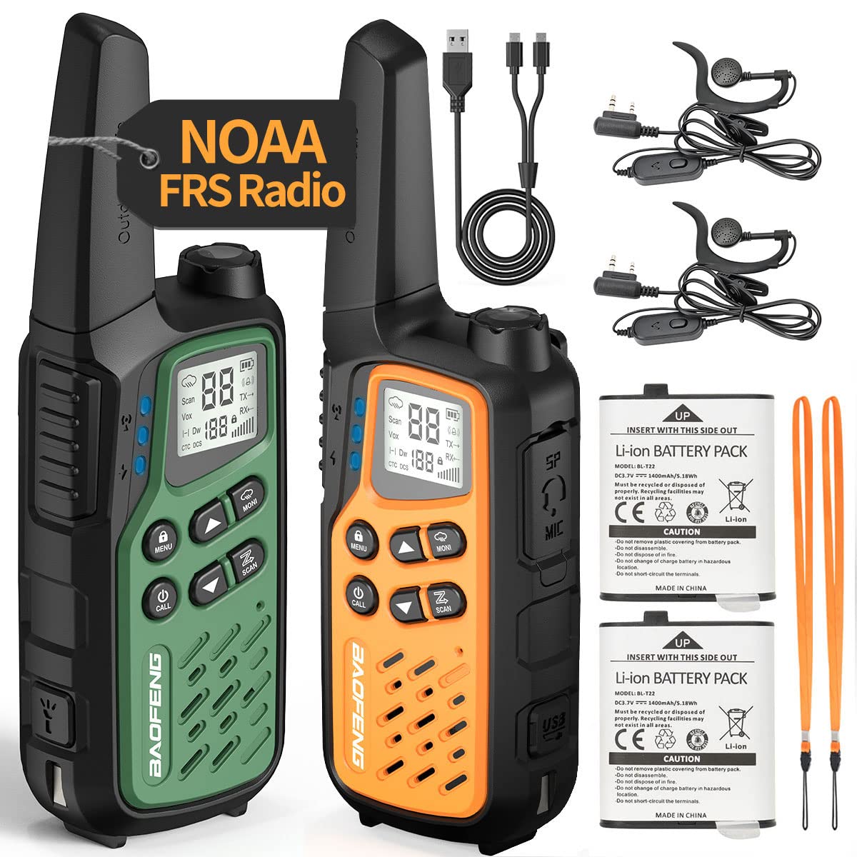 2 Pack Baofeng MP25 FRS Walkie Talkies - Rechargeable Long Range Two-Way Radios with NOAA Weather Alerts | Includes Type-C Charger, Battery & Earpiece | Perfect for Hiking, Camping, Family Outings & Emergency Communication