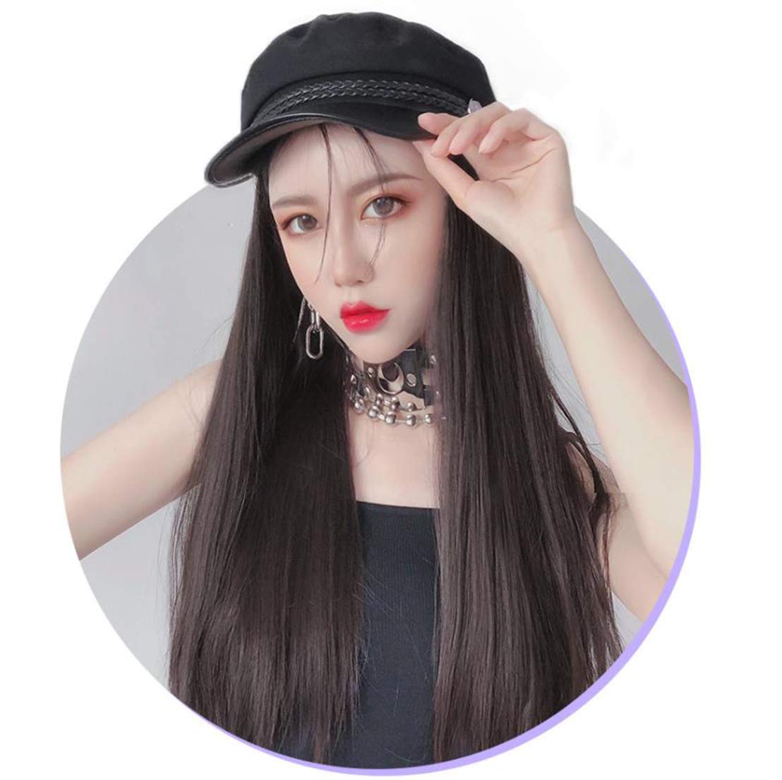 KXW Women's Synthetic Long Straight Wig Baker Boy Hat - Glueless Newsboy Cap with Attached Hair for Daily Wear (Natural Black) | Perfect for Cosplay, Costume Parties & Everyday Fashion