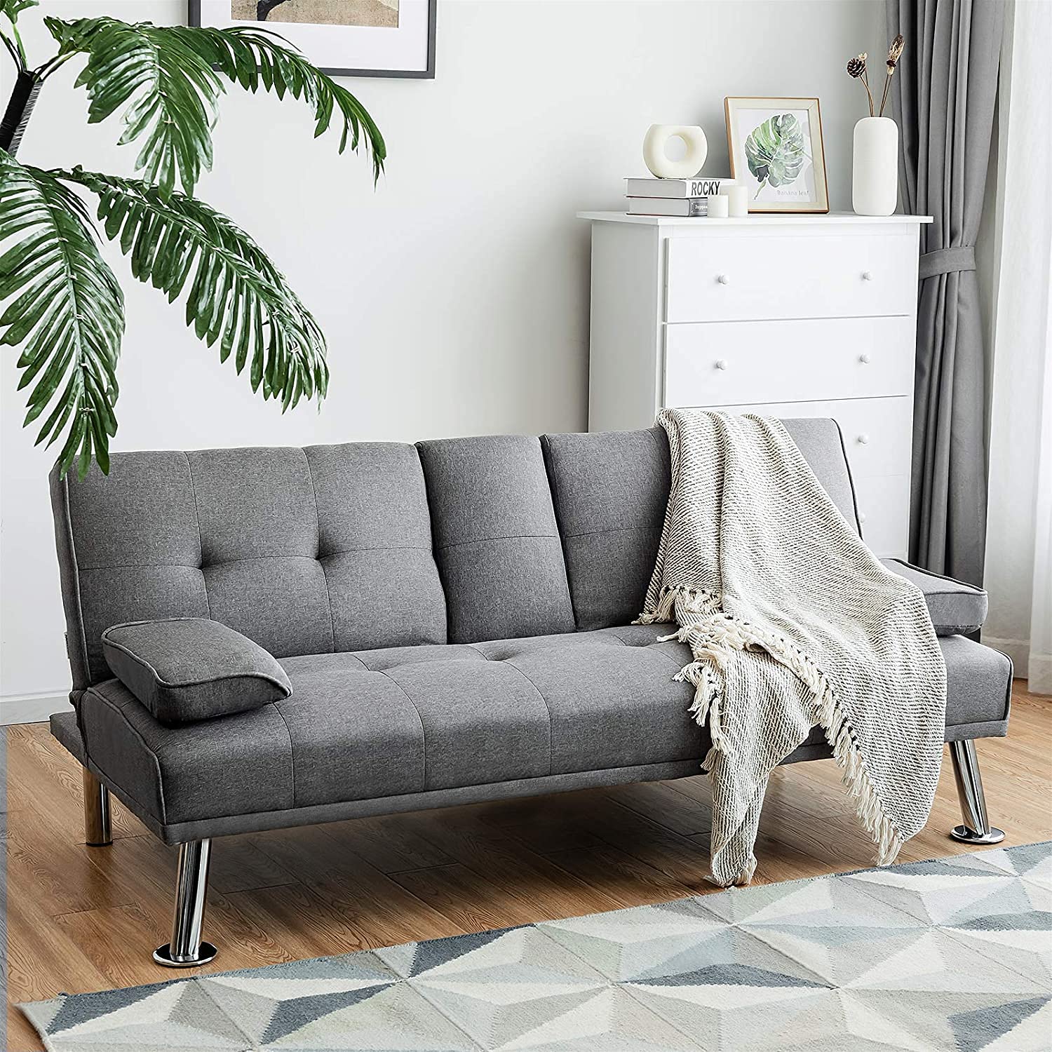 Moccha Folding Futon Sofa Bed - Convertible Couch with Metal Legs & Linen Upholstery, Full Size Sleeper Sofa for Small Spaces, Apartments, Dorms, Guest Rooms - Light Grey | Space-Saving Multi-Functional Furniture for Living Room, Bedroom or Office