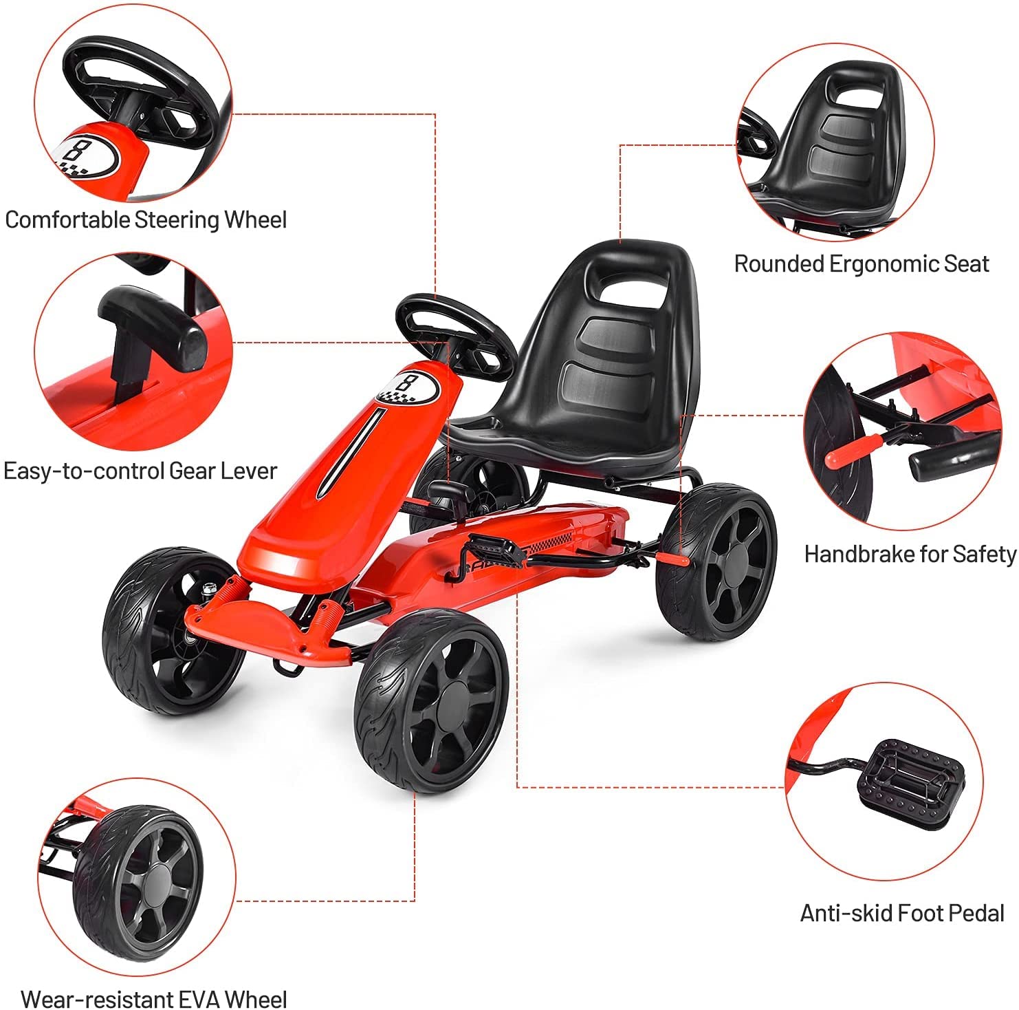 **GLACER Kids Go Kart - 4-Wheel Pedal Powered Ride-On Toy Car for Boys & Girls, Adjustable Seat & EVA Rubber Tires, Outdoor Racing Fun (Red) - Perfect for Backyard, Park, and Driveway Play**