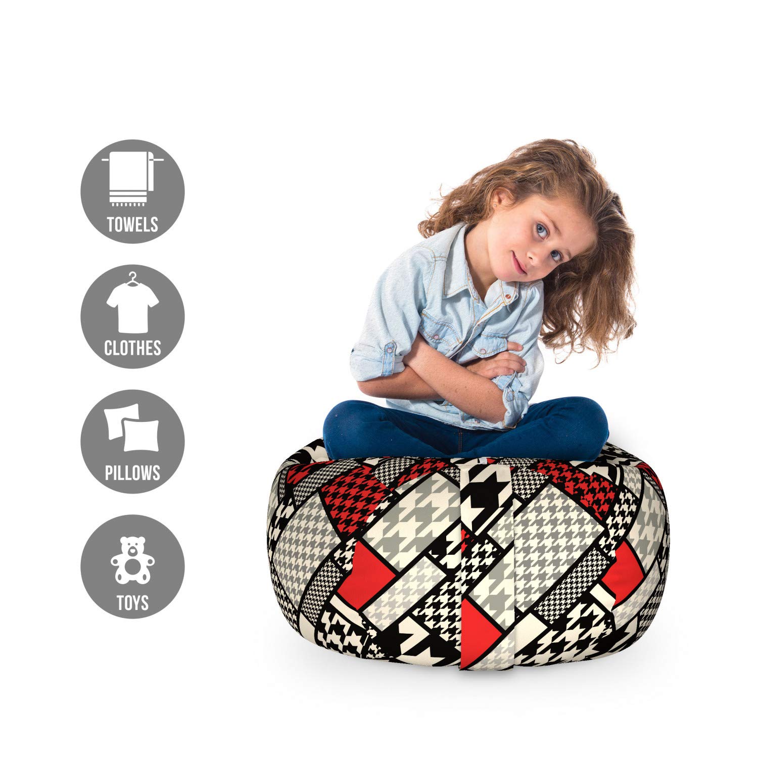Ambesonne Modern Storage Toy Bag Chair - Minimalist Abstract Pattern with Retro Geometric Design, Washable Stuffed Animal Organizer (Small, White/Black/Red) - Perfect for Kids' Room, Nursery, or Playroom Organization