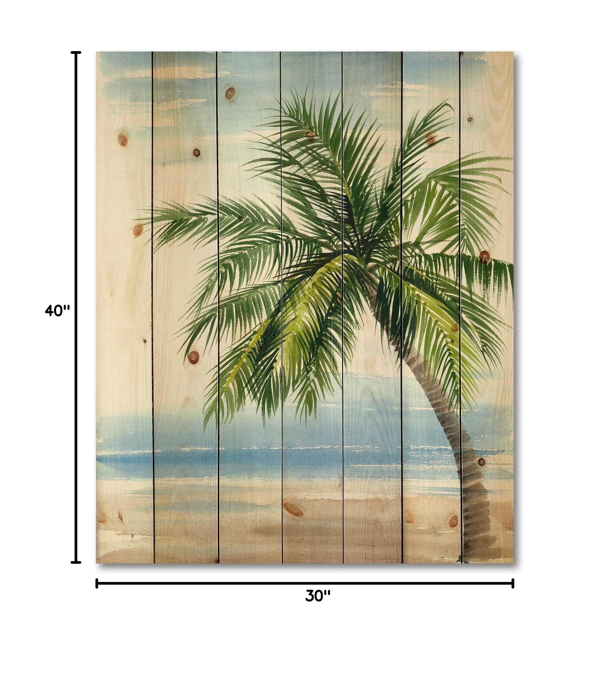 DesignQ Palm Tree At The Beach Resort Wood Wall Decor - Coastal Nautical Wall Art on Natural Pine Wood - Large Green Beach Wood Wall Panels for Living Room, Bedroom & Beach House Decor