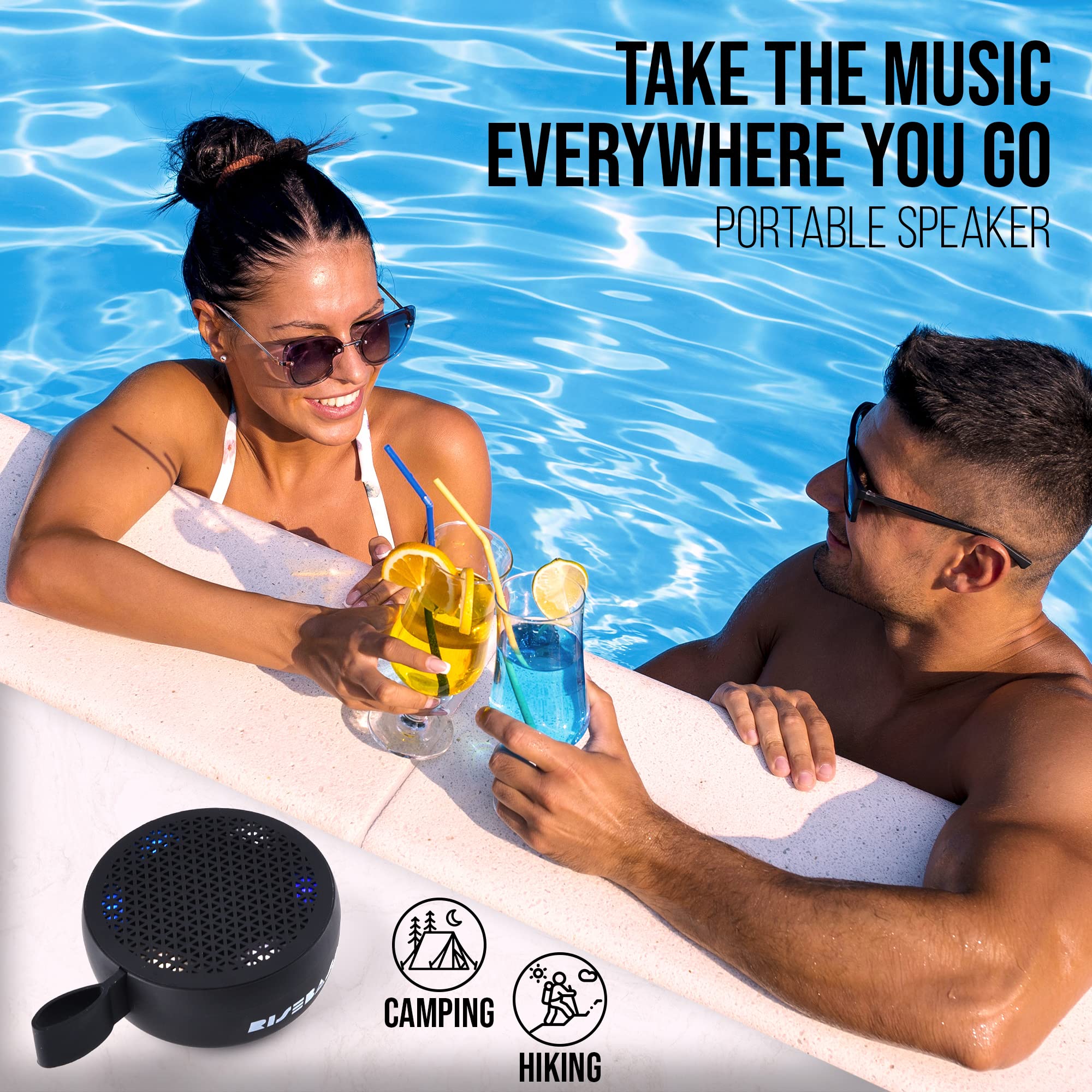 RISEBASS Waterproof Bluetooth Shower Speaker with LED Light - Portable Wireless Speaker with Hands-Free Calling, TWS Stereo Sound - Perfect for Bathroom, Kitchen, Outdoor Activities, Beach, Kayaking & Gifts (Black)