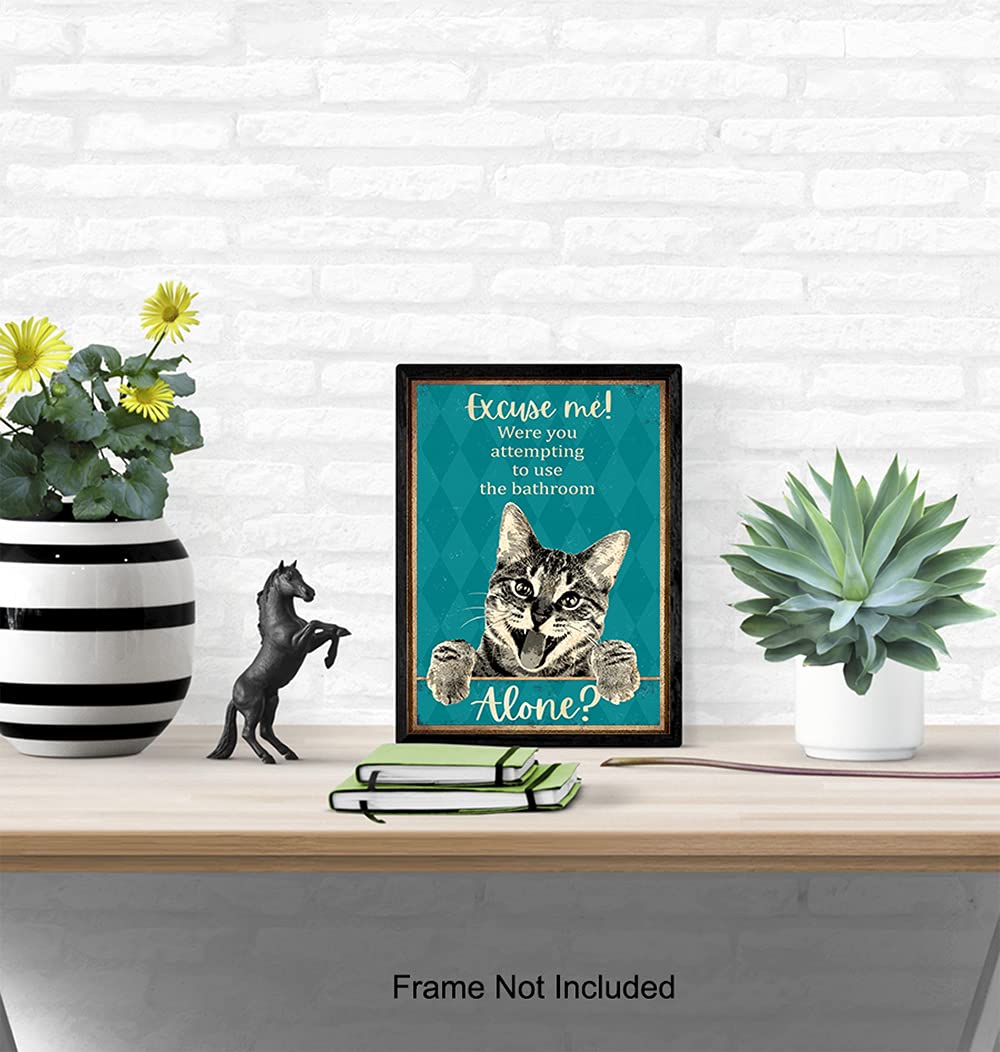 Funny Tabby Cat Bathroom Wall Decor - Blue Restroom Sign for Guest Bathroom & Powder Room - Unique Cat Lovers Gift for Women & Girls - Perfect for Home, Office, or Cafe Decor