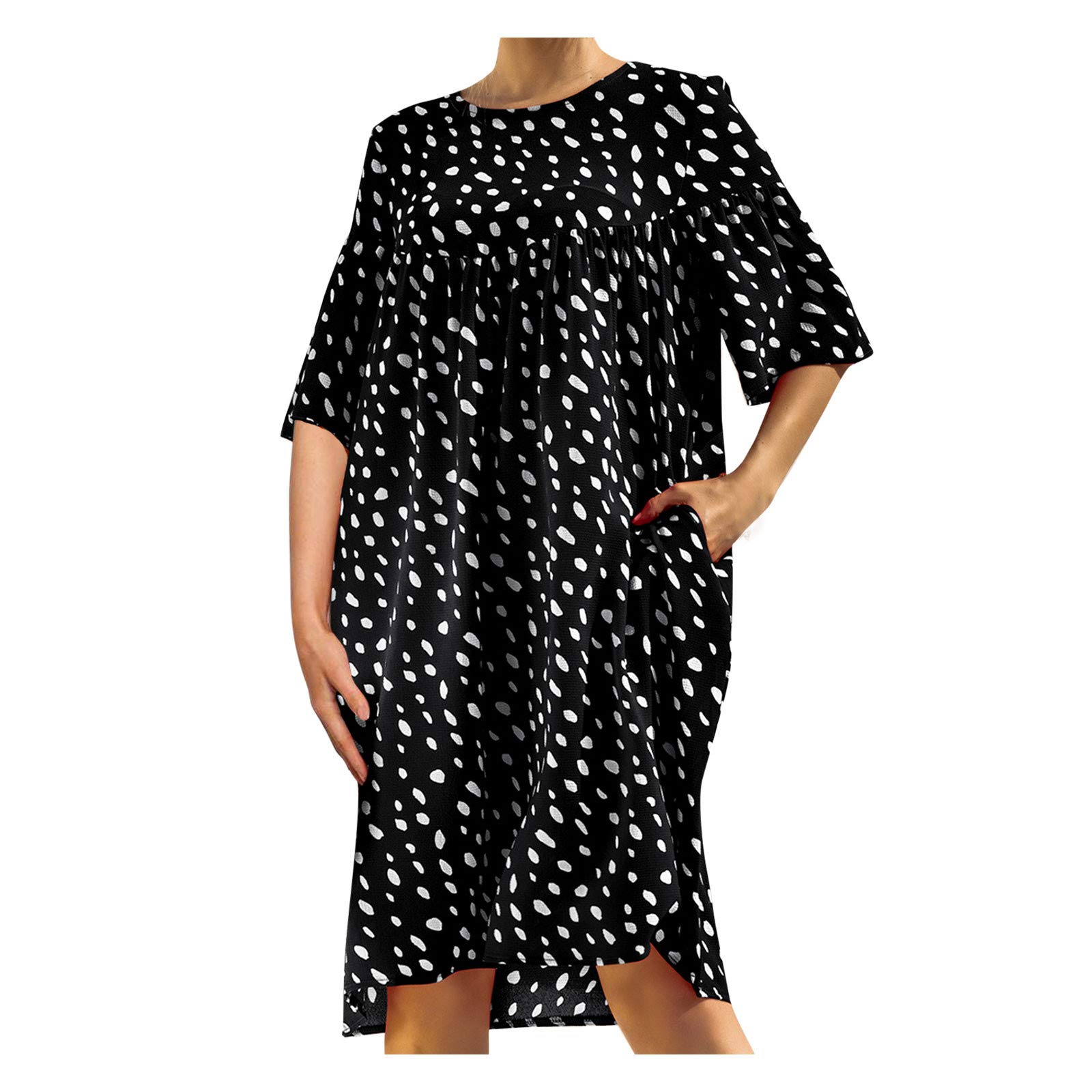 ETHKIA Women's Summer Dress - Round Neck Short Sleeve Polka Dot Loose Pocket Dress for Casual, Party & Vacation | Flowy Comfort Dress for Women 2024