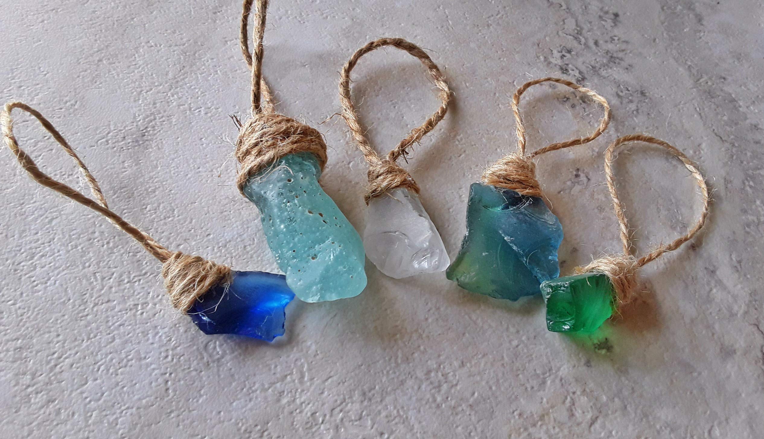 Ocean Inspired Beach Themed Tropical Sea Glass Ornament Sets - Natural Sea Glass with Jute Rope, 10-Piece Set for Home Decor, Wedding Favors, DIY Crafts & Coastal Themed Parties